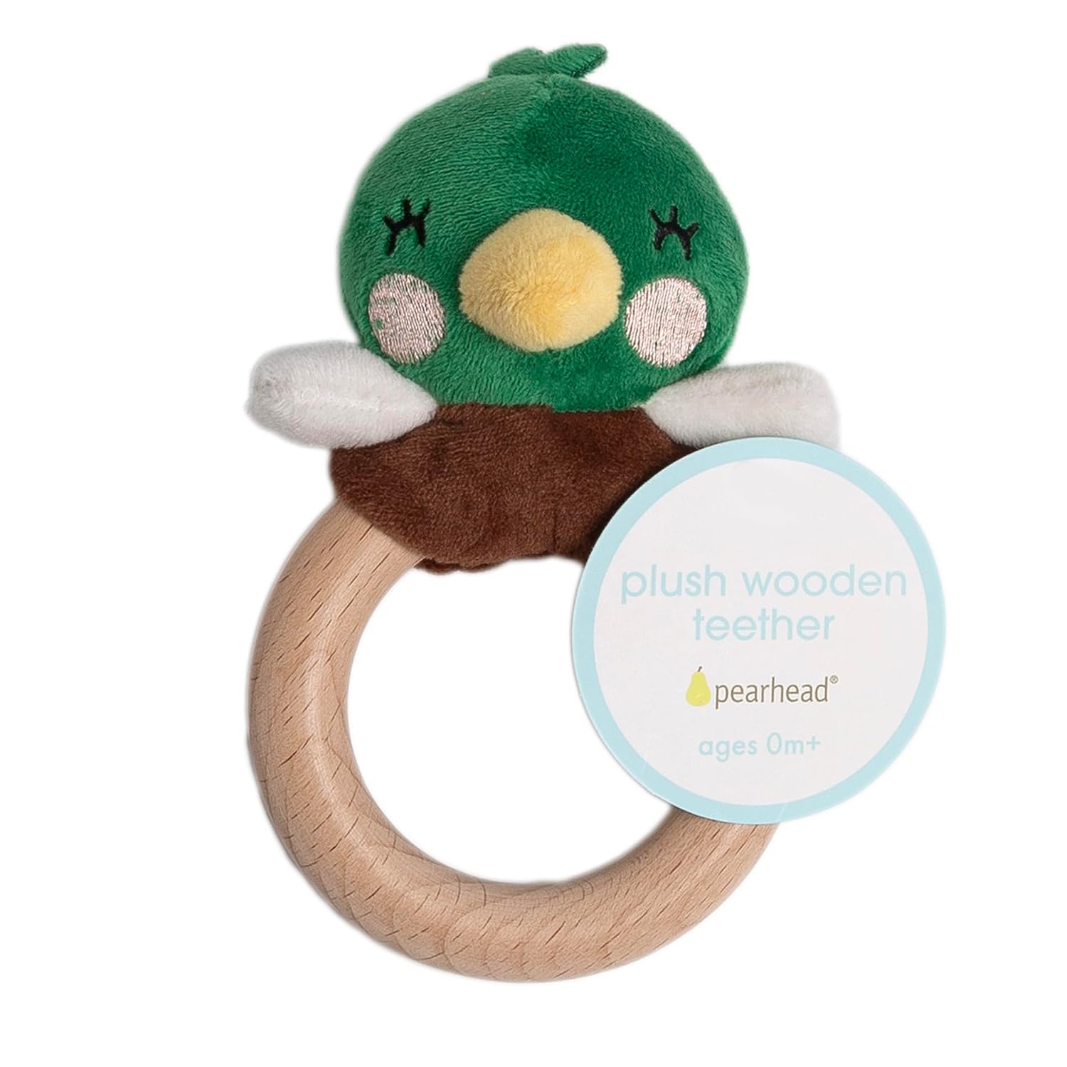 Pearhead Mallard Duck Wooden Baby Teether – Soft Plush Lovey with Natural Wood Rattle Ring, BPA & PVC-Free, Soothes Infant Gums, Multi-Sensory Newborn Essential for Boys, 0+ Months