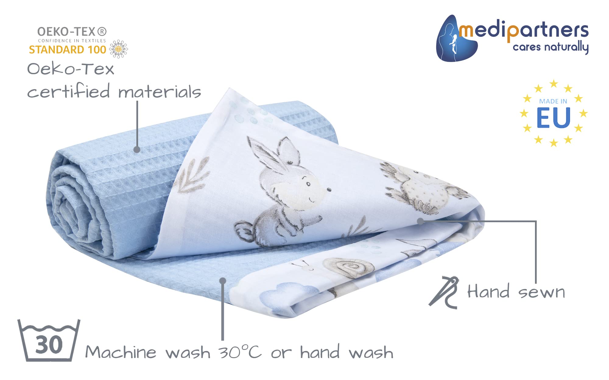 Medi Partners Baby Blanket Newborn Pram Soft 100% Cotton 75x100 Cot Toddler Comfort universal Cuddly Fluffy Crawling Plush bilateral Blankets (Deer and Hedgehogs with light blue Waffle) - Image 2