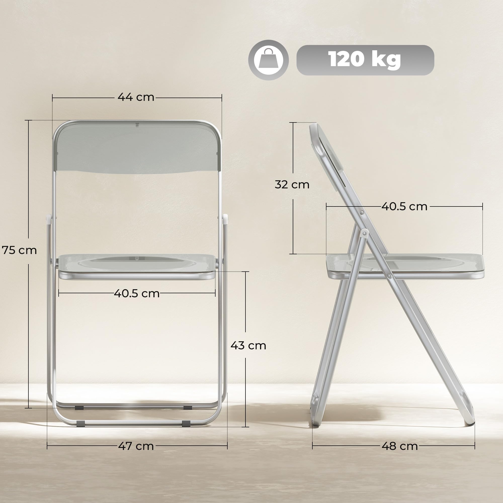 HOMCOM Lot de 4 chaises Pliantes en Acrylique 47x48x75 cm Gris | Pliables, gain de place intérieur, cadre en acier, portables, pour maison, bureau, cuisine, événements