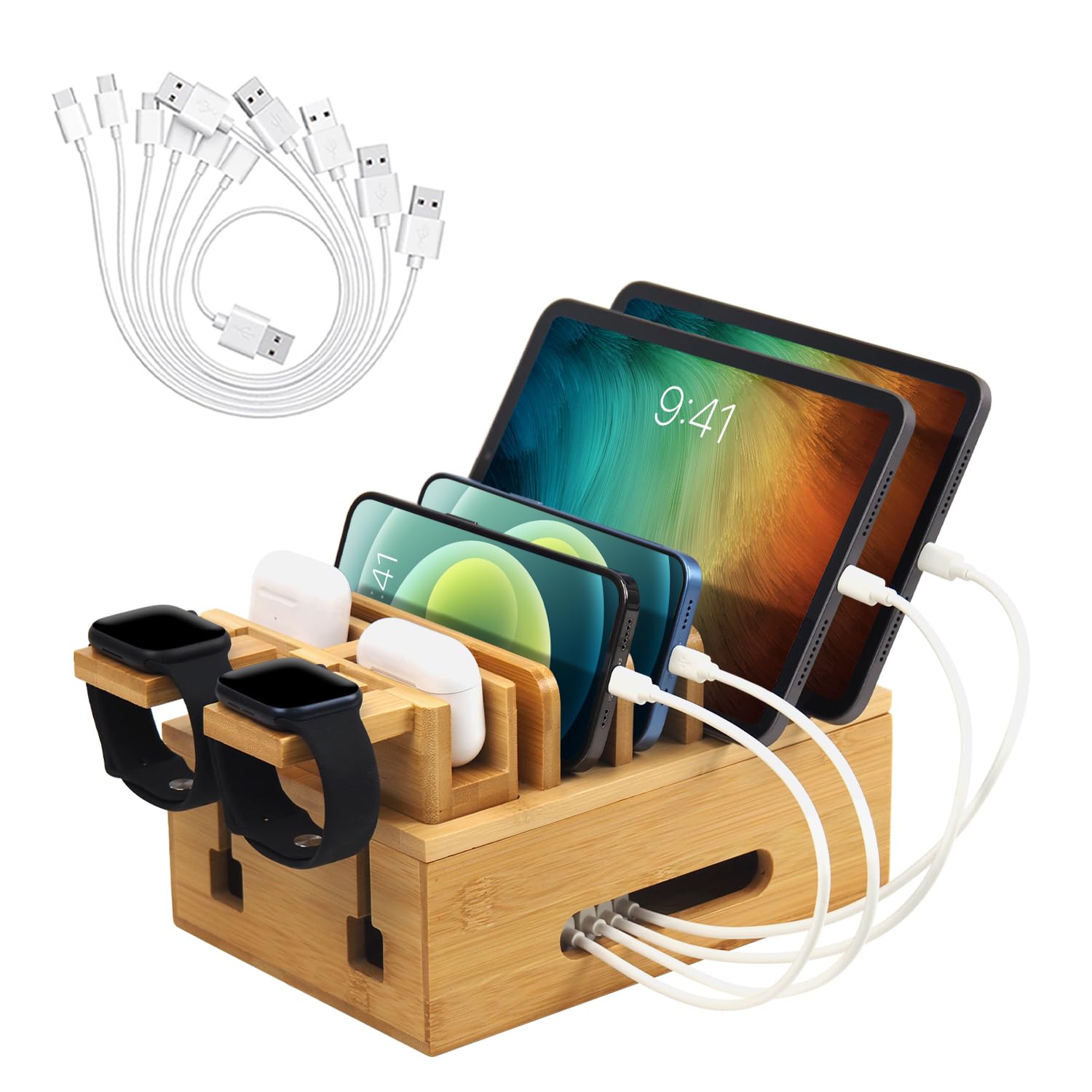 Bamboo Charging Stations for Multi Devices, Wood Desktop Docking Station Charger Organizer for Cell Phones, Tablets, Earphones, Watch (Includes 6 Charging Cables) (No Power Supply)