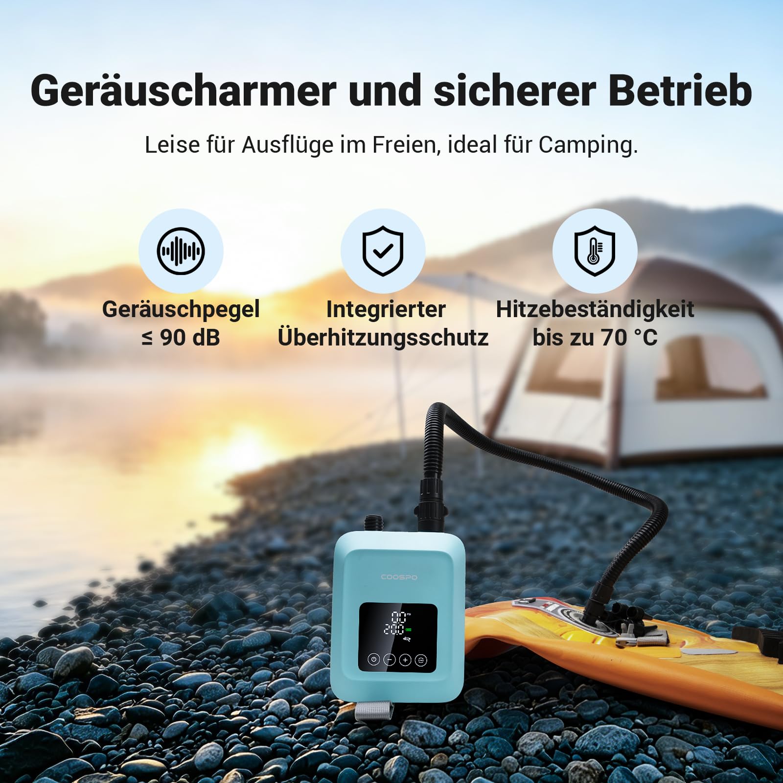 CooSpo Elektrische SUP-Luftpumpe, 20 PSI Hochdruck-Elektropumpe, mit wiederaufladbarem Akku (59,2/44.4 Wh), geräuscharm, Zwei Aufpumpmodi für Kajaks und Paddleboards