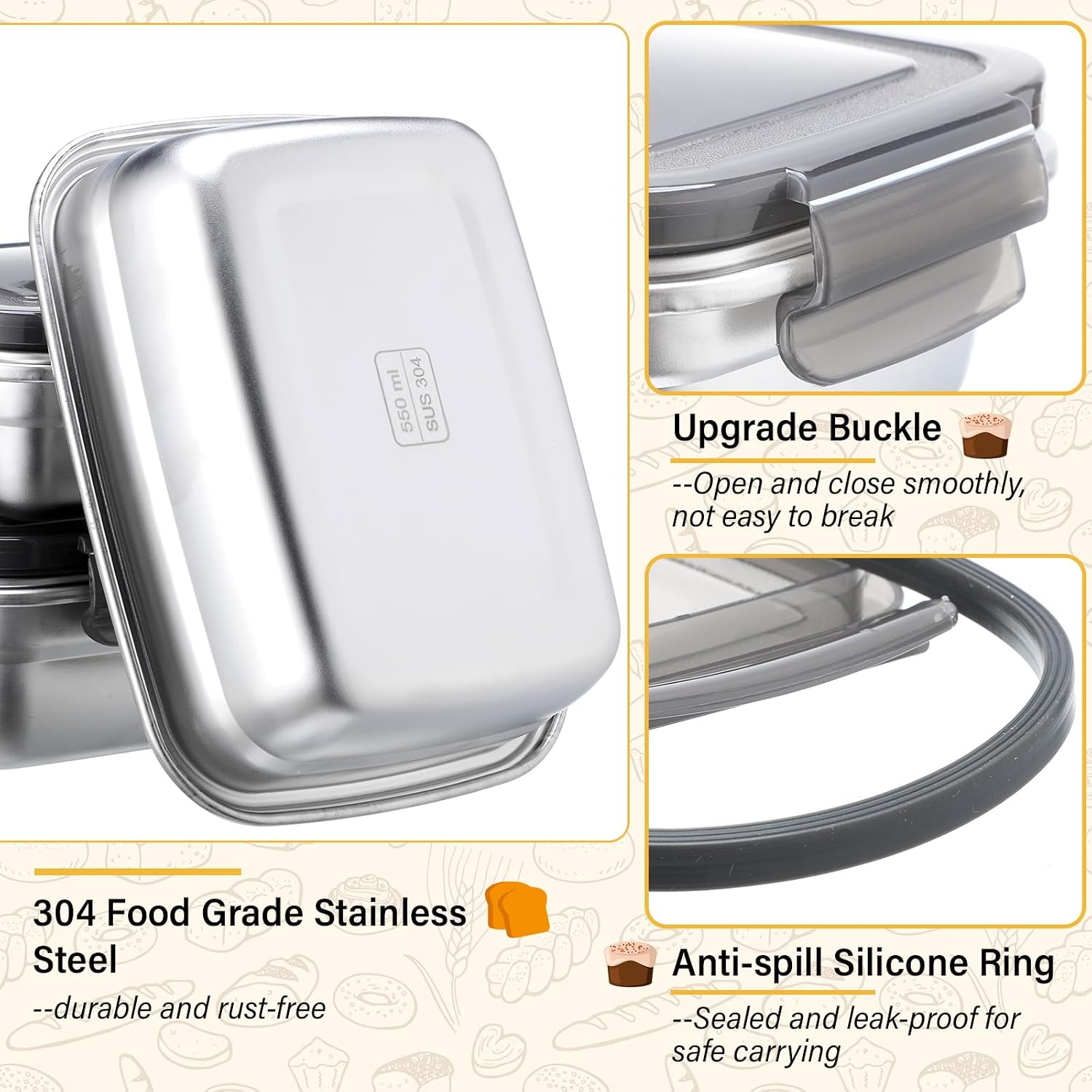9 Pcs Stainless Steel Food Containers with Lids, Square Airtight Bento Lunch Boxes Metal Snack Containers Sandwiches Storage Container for Home Office Pinic Travel (12 18 25 28 60oz)