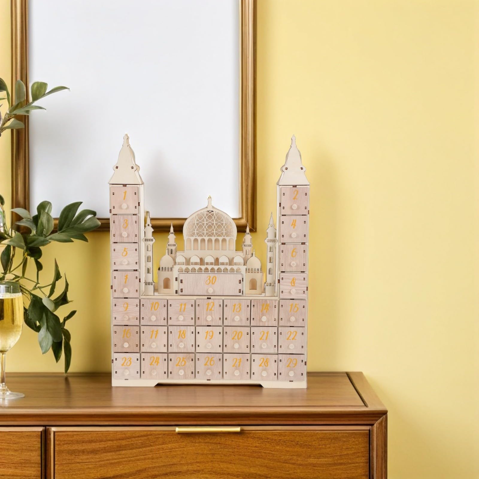 Gatuida Ramadan Adventskalender mit 30 Tagen Countdown Kompakte Freistehende Dekoration mit Schubladen für Desktop und Ramadan Feier im Muslimischen Haushalt