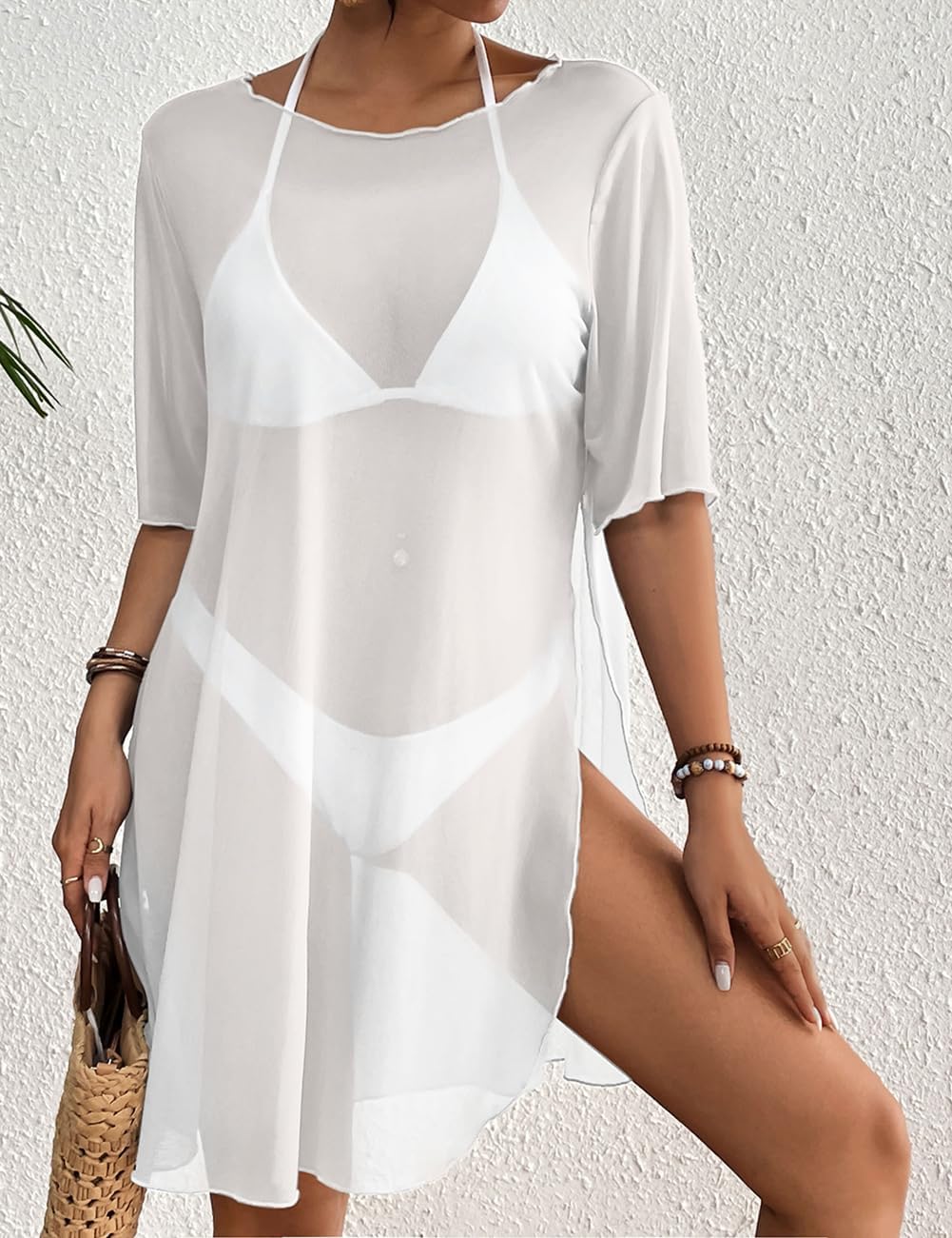 Bsubseach Sheer Bathing Suit Cover Up for Women Side Split Bikini Mesh Coverup Tops Resort Wear - Image 2
