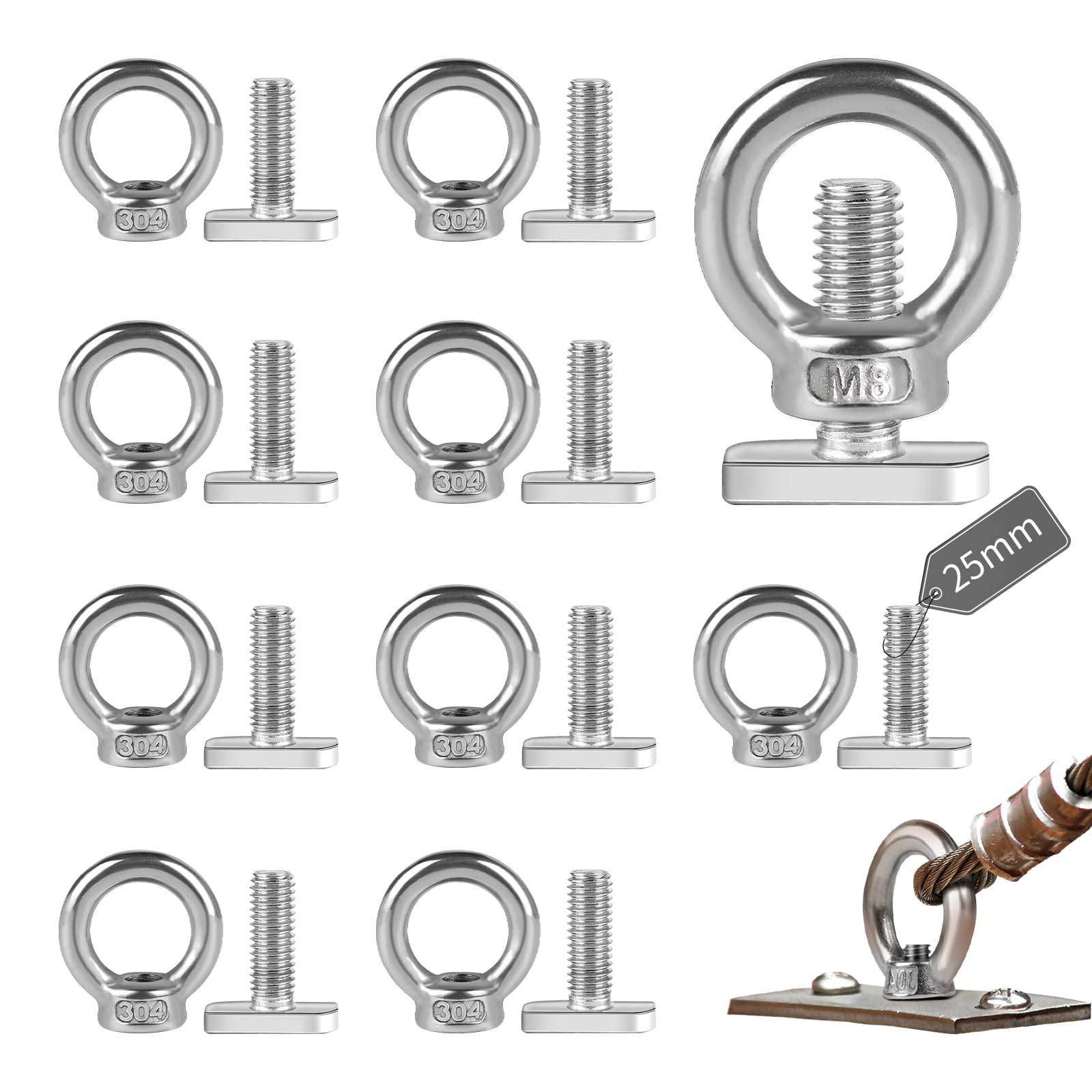 EXLECO 10 Piezas Tuerca de Anillo M8*25mm Tornillo de Ojo de Elevación Acero Inoxidable Hembra Sujetador de Tuerca con Anilla Roscada