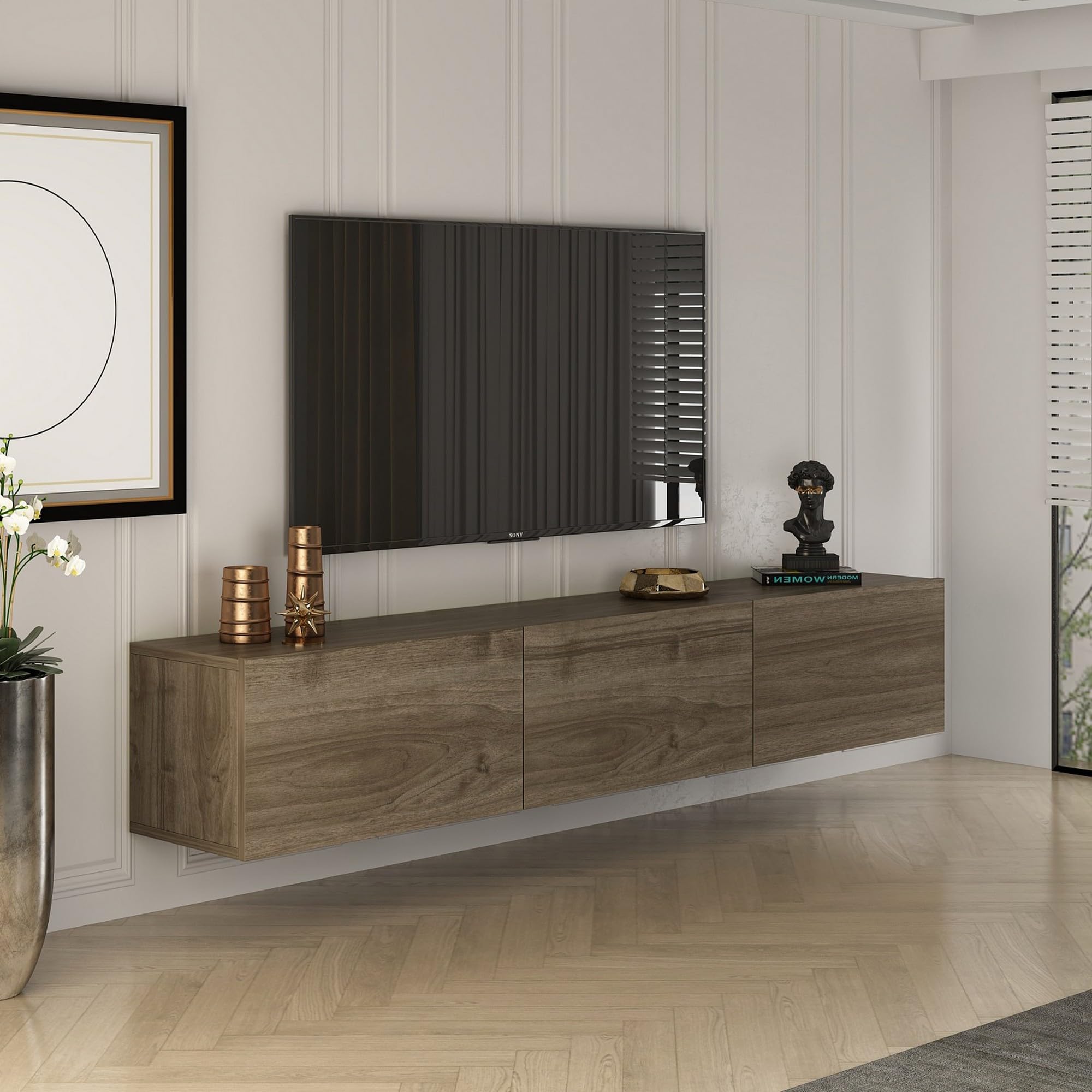 Dmora Mobile Porta TV Korola 150x32x30h cm Marrone Noce 3 Vani 3 Ante, Apertura a Ribalta