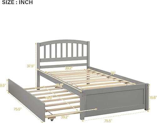 Miniatura 10 de Knocbel Cama individual con nido, base de colchón de plataforma de madera con cabecera y soporte de 10 listones (nogal)
