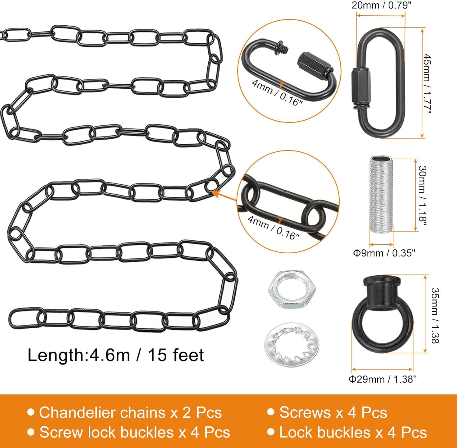 Home and Garden Parts 15 Feet Lighting Chain for Hanging Lamp 2 Set Light Fixture Chain 65 Lbs Black #CN/251024/02260