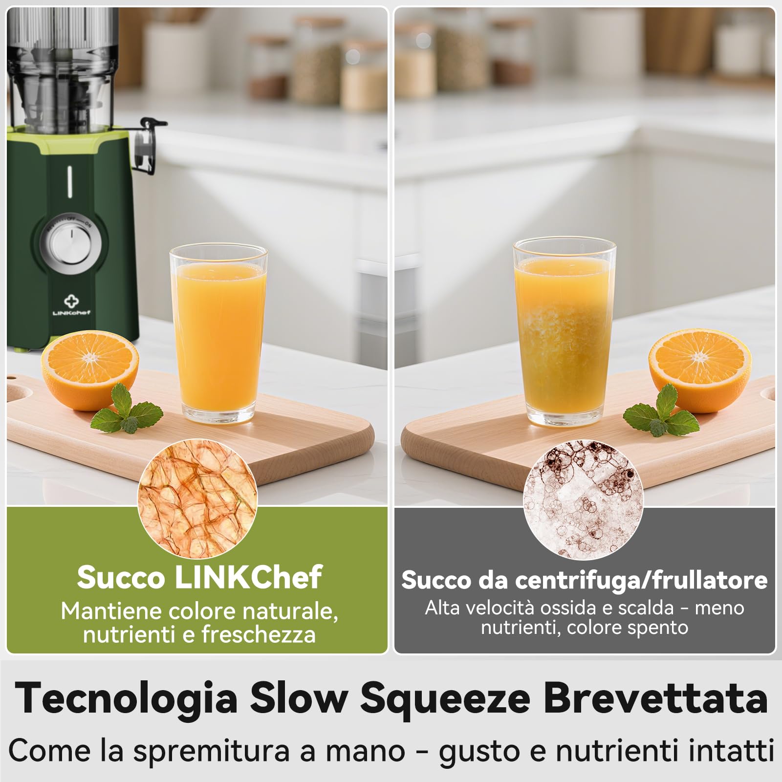 Pulizia Veloce Estrattore Automatico, 115mm Senza Preparazione Estrattore di Frutta e Verdura Intera, LINKchef Estrattore di Succo, Facile da Pulire, 1.2L 200w Più Verde