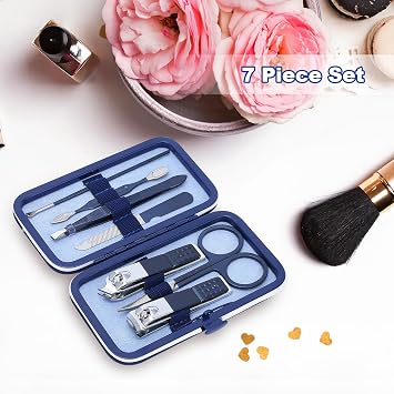 Manicure Set-Stainless Steel Nail Care Set-Professional 7 in 1 Ingrown Toenail Clipper Grooming Tool-Pedicure Kit & Toe Nail Cutter-Thick Nail Scissors Toiletries with Cuticle Trimmer (Blue)