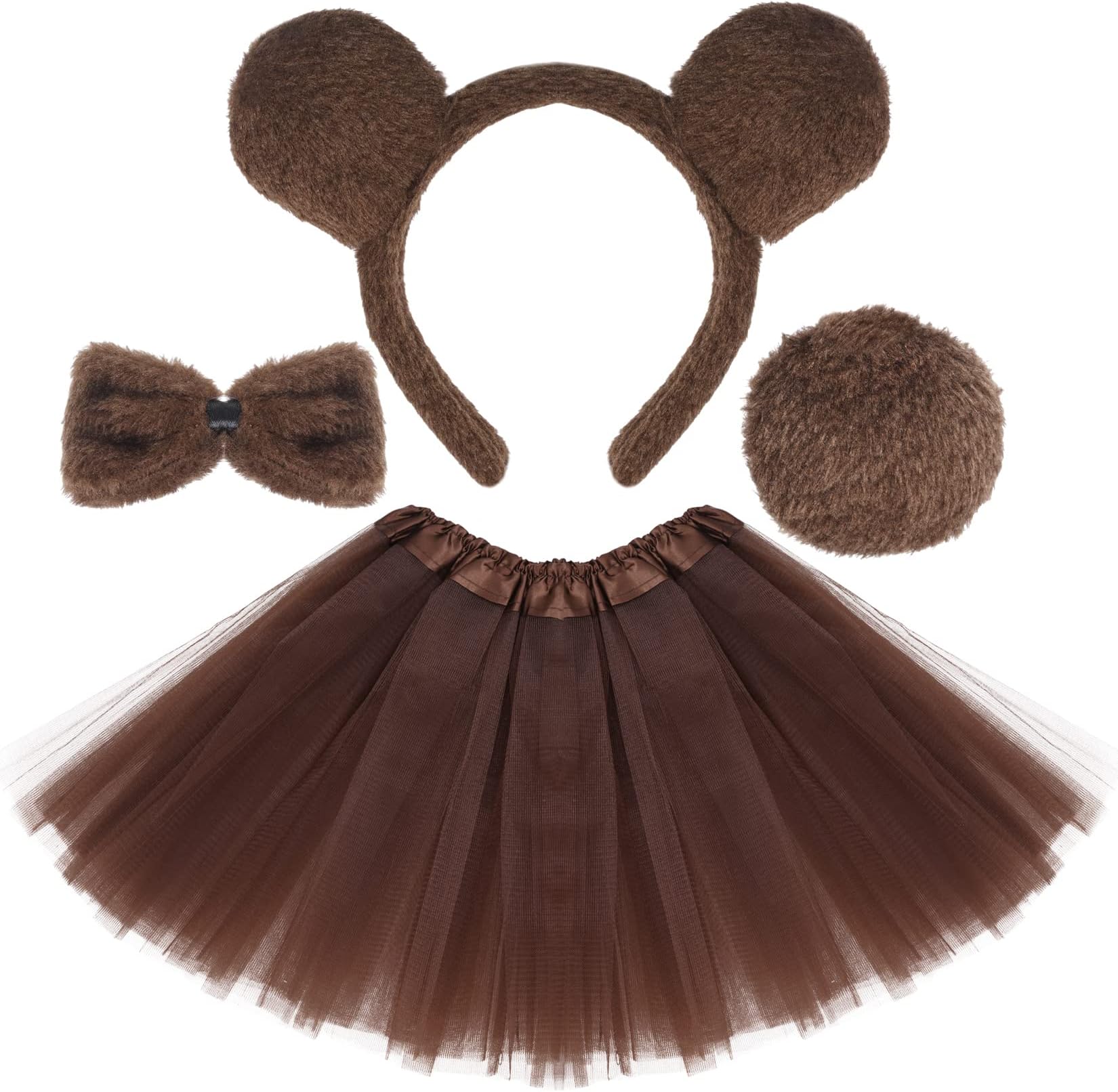 Jmkcoz Kids Animal Brown Bear Costume Bear Ears Headband Bowtie Tail Tutu Skirt Animal Fancy Costume Kit Halloween Cosplay Party Accessories for Girls Boys