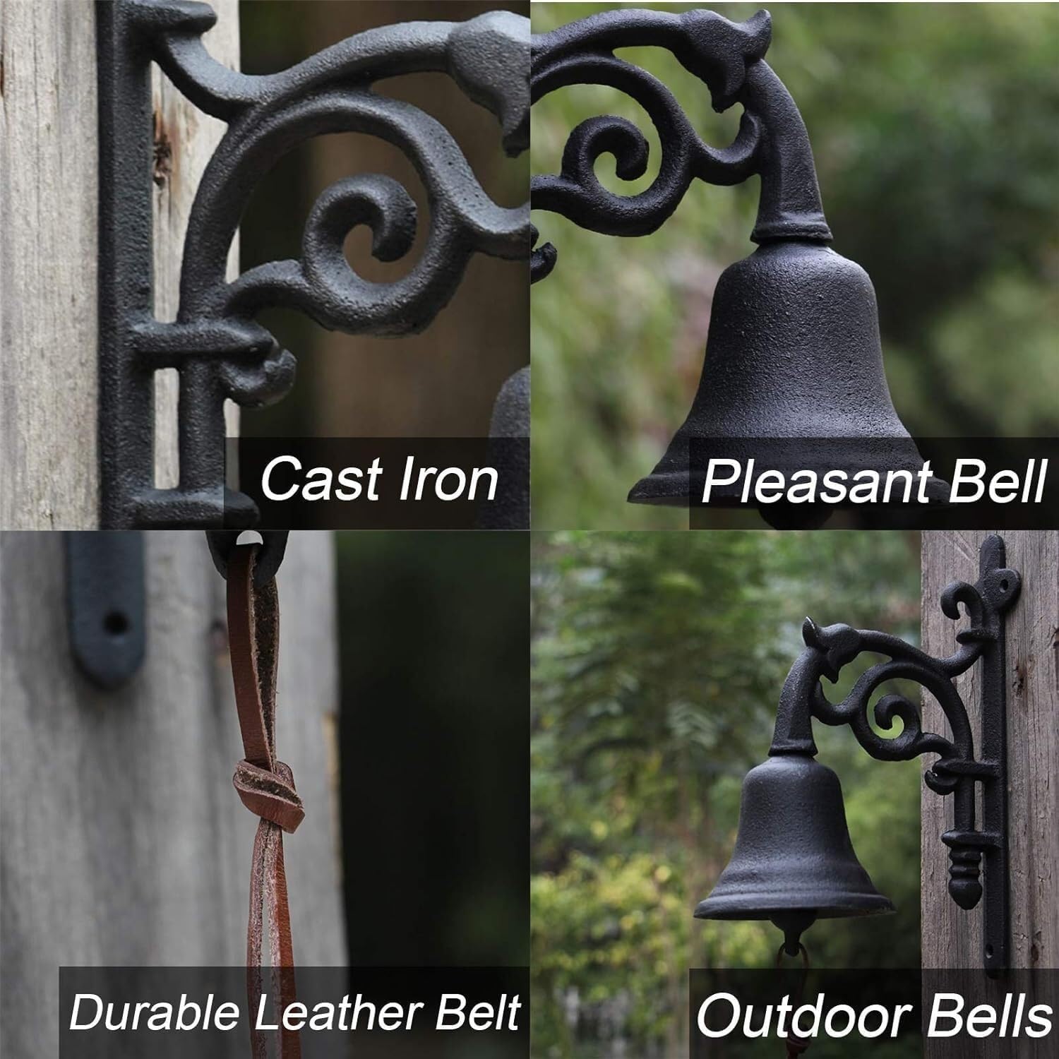 TIST Iron Door Knocker Vintage Cast Iron Dinner Bell Entry Door Knock Wall Mounted Bell with Leather Belt Exterior Door Ring Knocker Surface-Mounted Installation