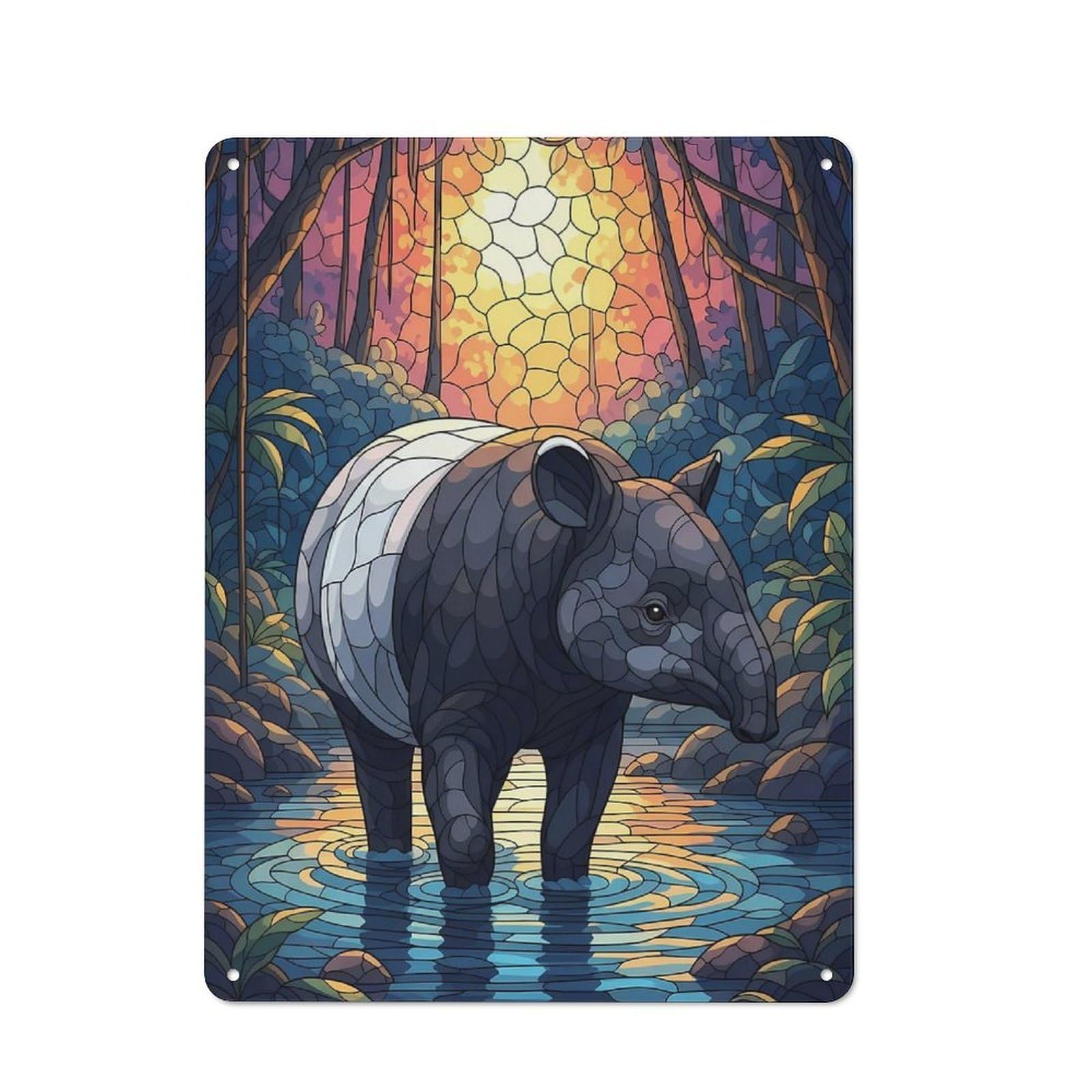 Junmoney Tapir In Water Stained Glass Style Classic Metal Wall Decor 40X30cm, Metal Wall Plaque For Office, Study, Studio Or Hallway