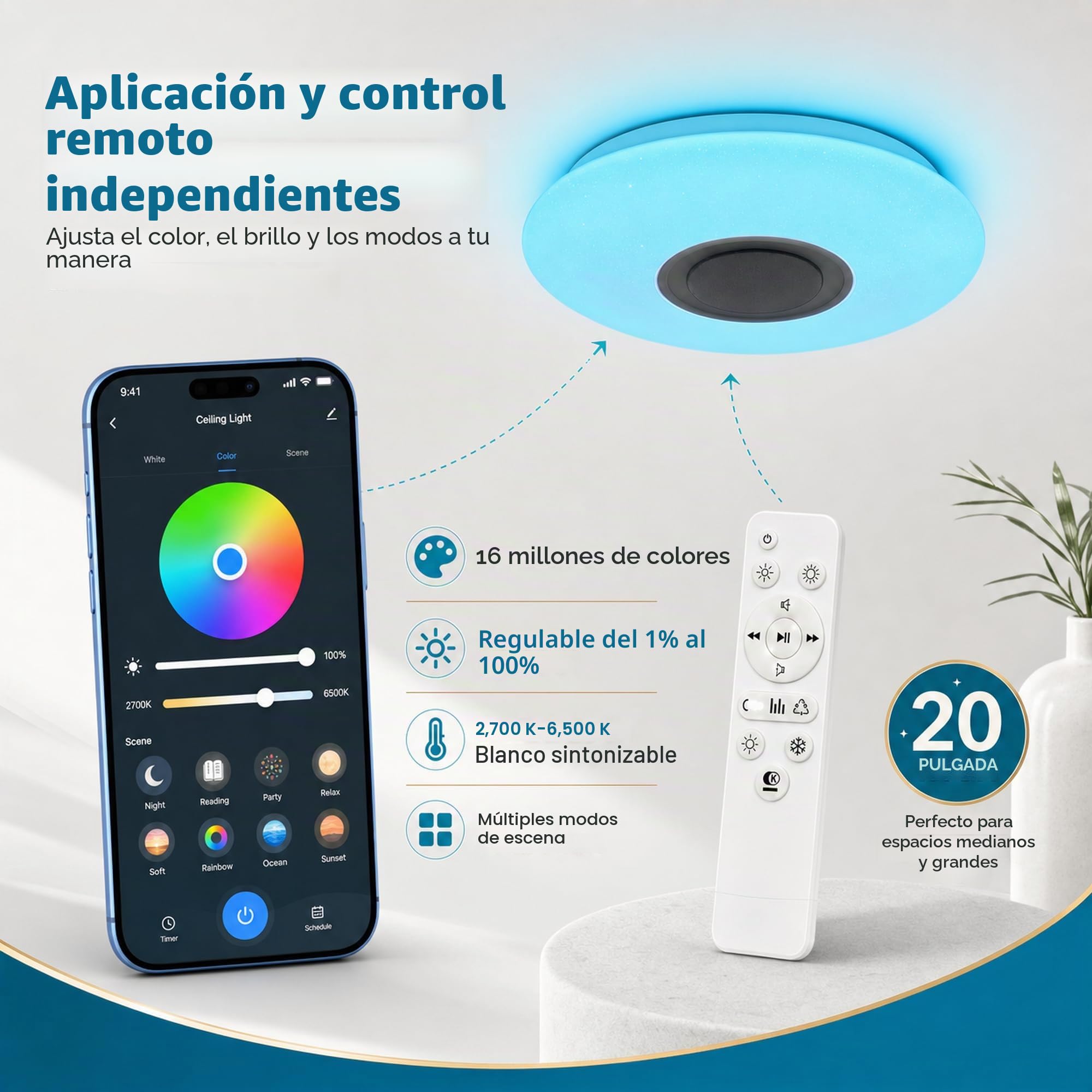 36W Plafon LED Techo Lámpara de Techo con Musica Altavoz Bluetooth | 50cm, APP + Mando a Distancia, Blanca Cálida / Fría RGB Cambio de Color para Niños Sala Estudiante