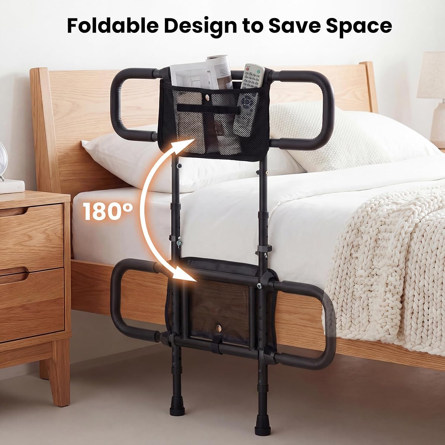 Folding Standing Aid Bed, Adjustable in Width & Height, Bed Rail with Bag, Safety Belt & 2 Handles, Safety Railing for Seniors up to 136 kg Load Capacity (Black)