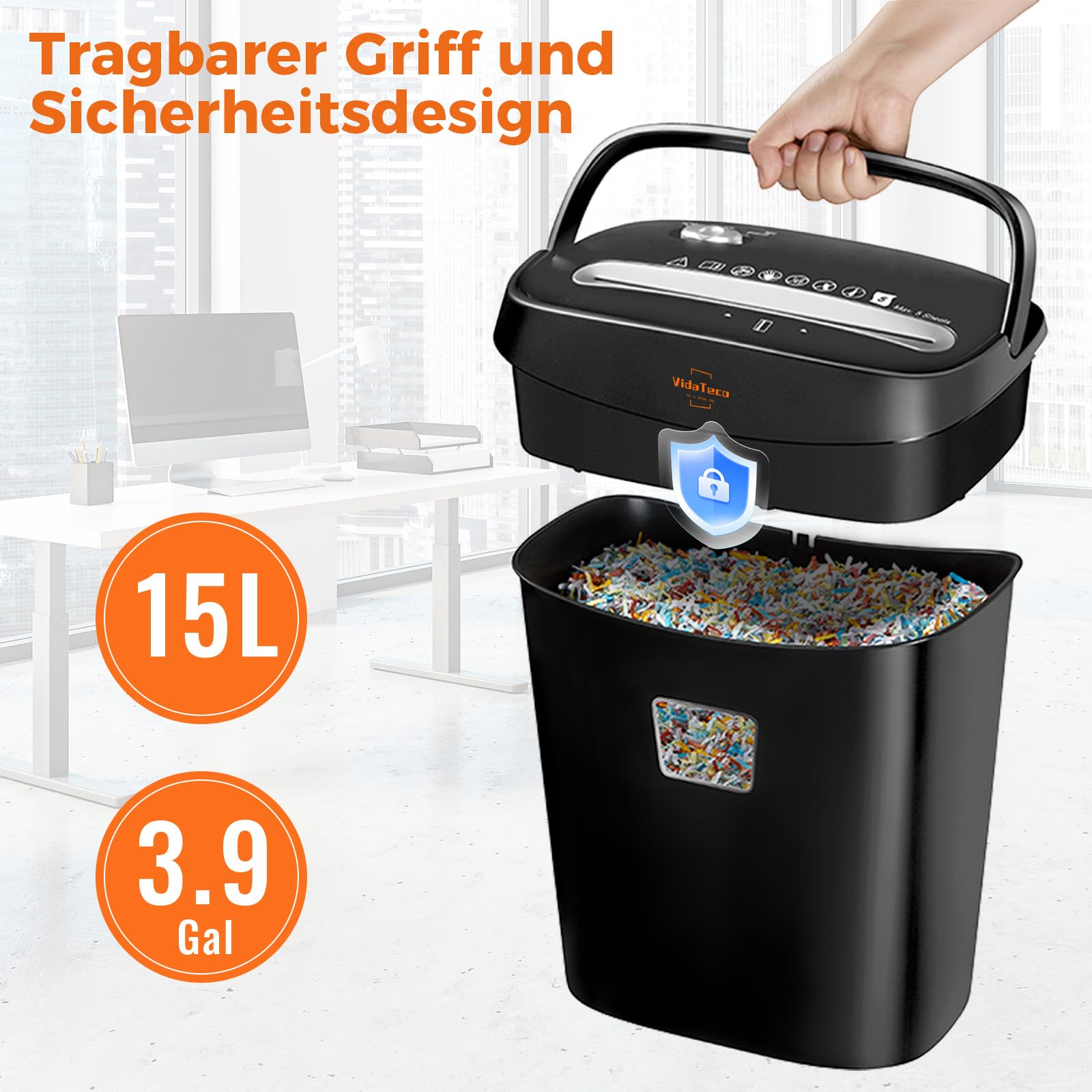 Schredder, 10 Blatt Querschnitt (P-4) Aktenvernichter, VidaTeco Partikelschnitt Papierschredder für Papier/Kreditkarten, Reisswolf mit Tragbares Griffdesign & 15L Behälter für Büros und Home, Schwarz