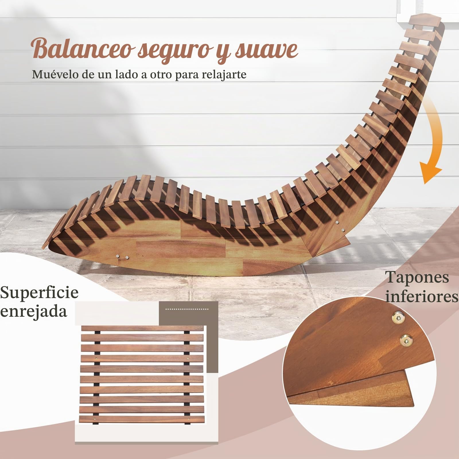 KOMFOTTEU Juego de Tumbona Mecedora de Madera de Acacia, Tumbona de Jardín de Listones con Carga 160 kg, Silla Mecedora Baño de Sol, para Patio, Terraza, Piscina, 157 x 60 x 76 cm (1)