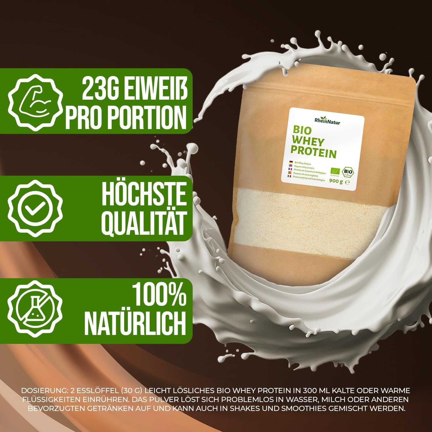 RheinNatur Bio Whey Protein-Pulver Vanille/Kakao/Geschmacksneutral, 900 g (Neutral)