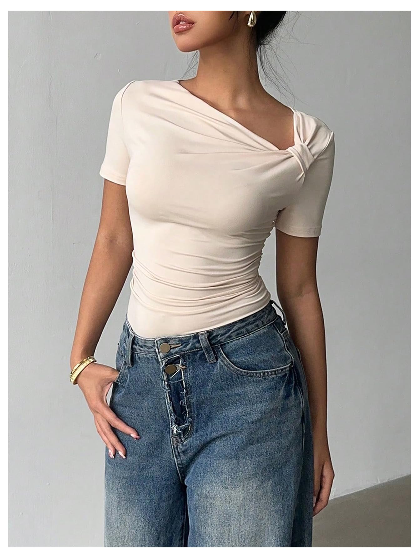 MakeMeChic Women's Off The Shoulder Tops Bow Y2k T Shirt Short Sleeve Fitted Summer Tee