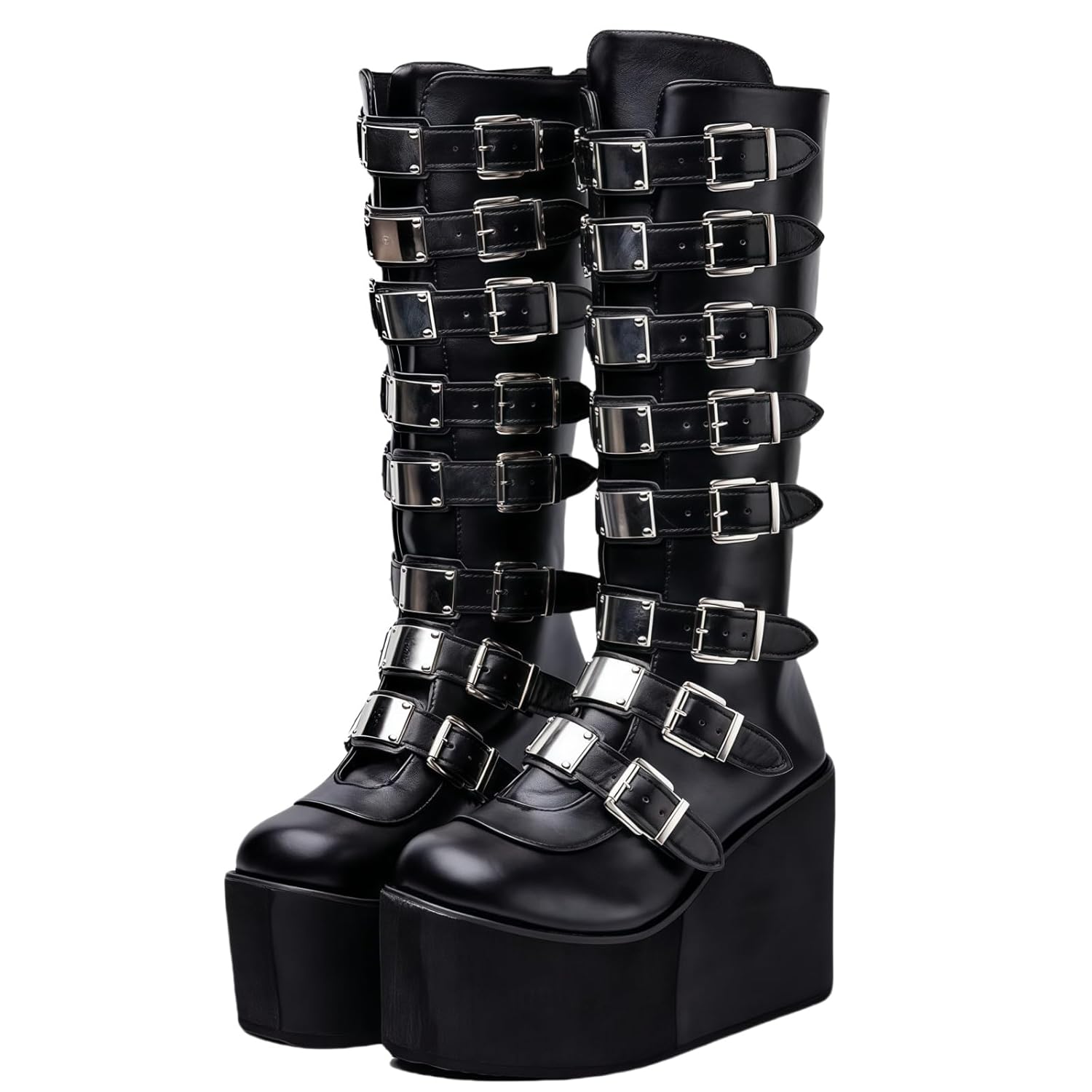 Womens Knee High Wedge Platform Boots with Chunky High Platform Heel Lace Up Zipper Punk Goth Mid Calf