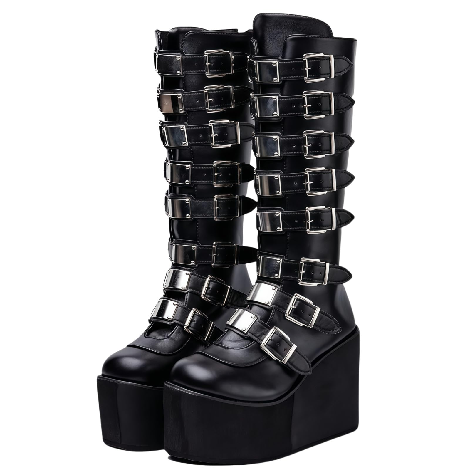 Womens Knee High Wedge Platform Boots with Chunky High Platform Heel Lace Up Zipper Punk Goth Mid Calf