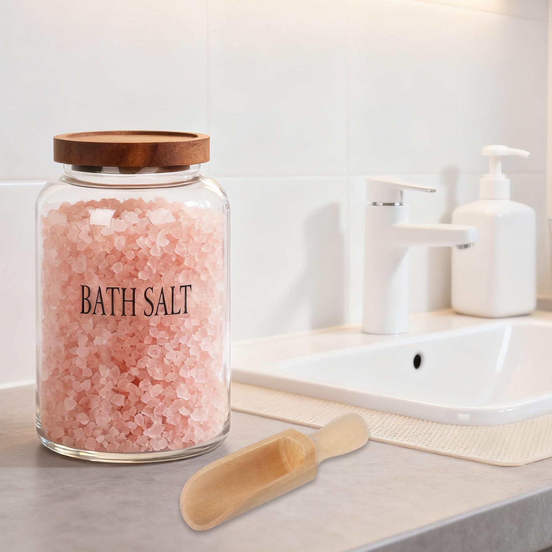 Klmnop Badesalz-Glasbehälter mit Holzdeckel und Schaufel, groß, luftdicht, Badesalzbehälter, Badezimmer-Aufbewahrungsbehälter für Frauen, Badewannendekoration (transparent)