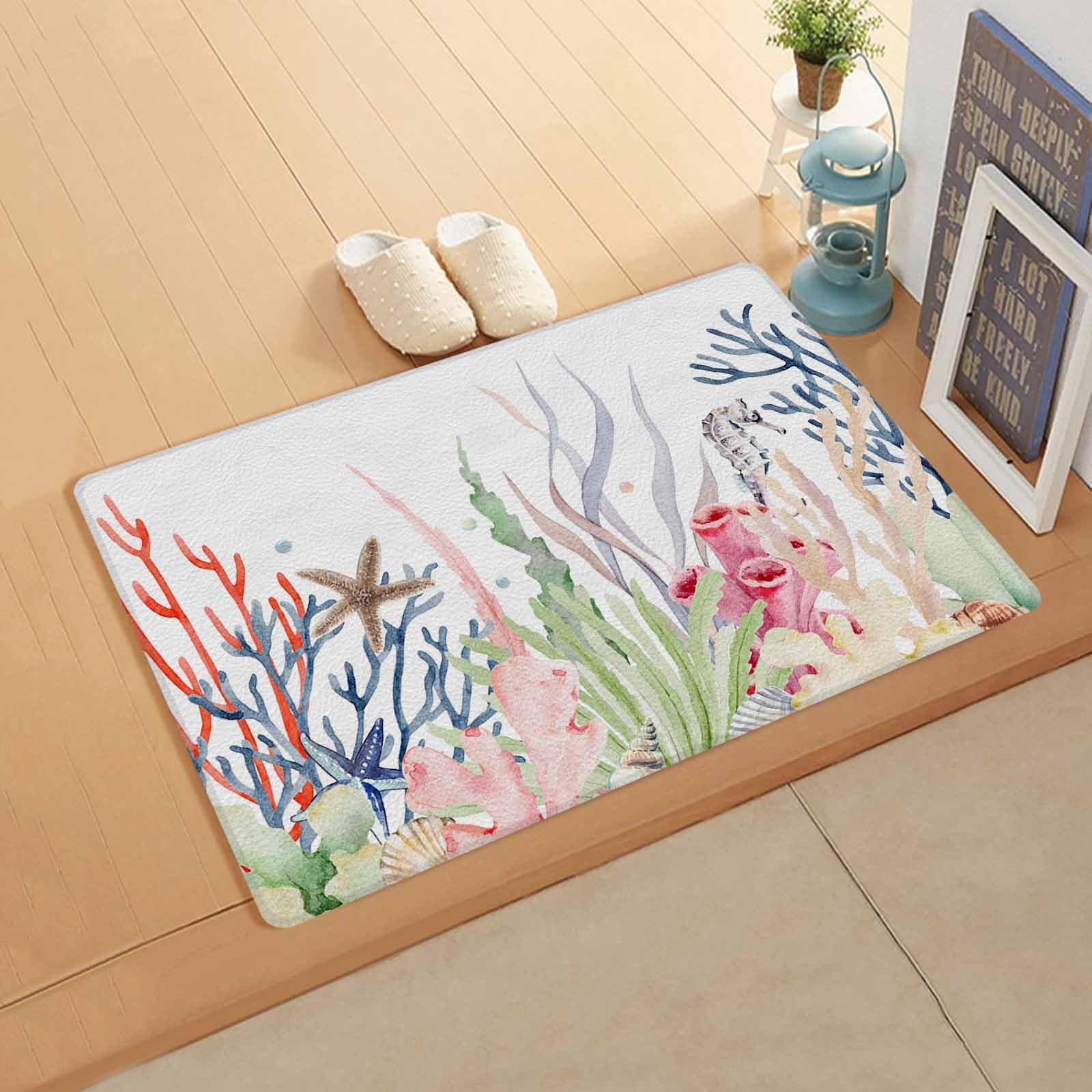 Ocean Coral Antifatigue Kitchen Bath Door Mat Cushioned Runner Rug,Washable Welcome Floor Sink Mat,Waterproof & Non-Slip Standing Doormat for Kitchen,Summer Seahorse Coastal Starfish White 20