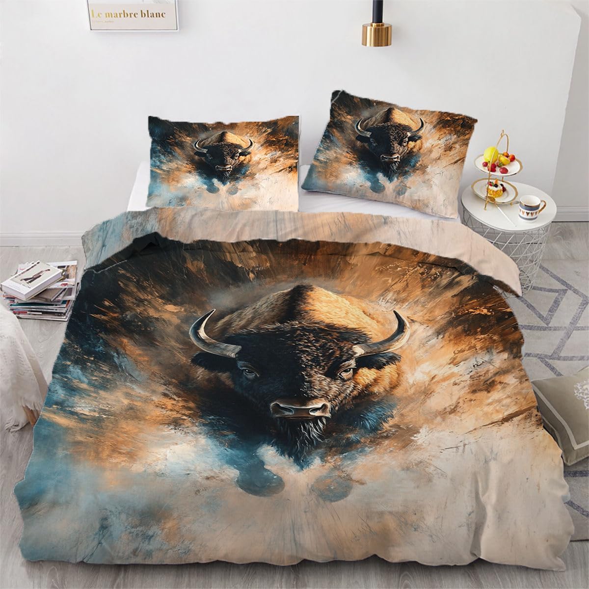 NDXRWDZR Single Bedding Set Buffalo Duvet Cover for Kids Soft Hypoallergenic Microfiber Duvet Cover with Zipper Closure, 1 Duvet Cover 135x200 cm + 2 Pillowcases 50x75 cm