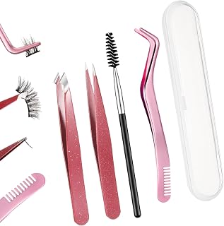 5 Pcs Eyelash Tweezers DIY Eyelash Applicator Set Stainless Steel Curved and Straight Tip Lash Tweezers with Brush Clear Box for Lash Cluster Eyelash Extension Individual Lash(Pink)