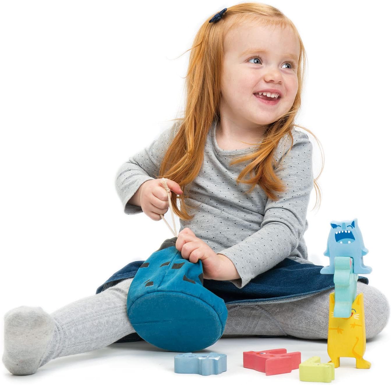 Tender Leaf Toys - Monster Stacker - Early Development Wooden Stacking Toy for Toddlers with Free Drawstring Bag - Convenience for Storage and Travel Play for Kids - Age 3+