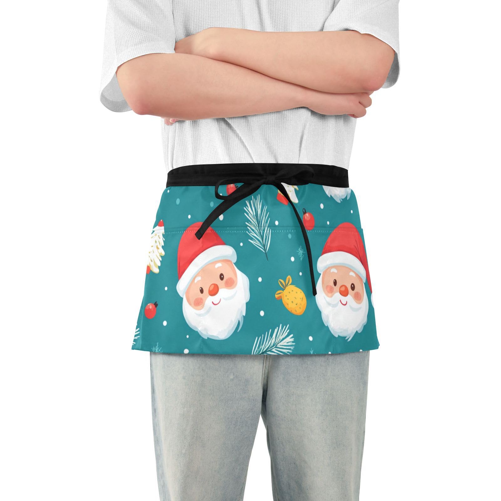 QwThum Waitress Apron with Pockets Server Waist Apron Half Short Personalized Waterproof for Serving Hair Stylist Cooking Gardening Blue Christmas Trees and Santa Claus