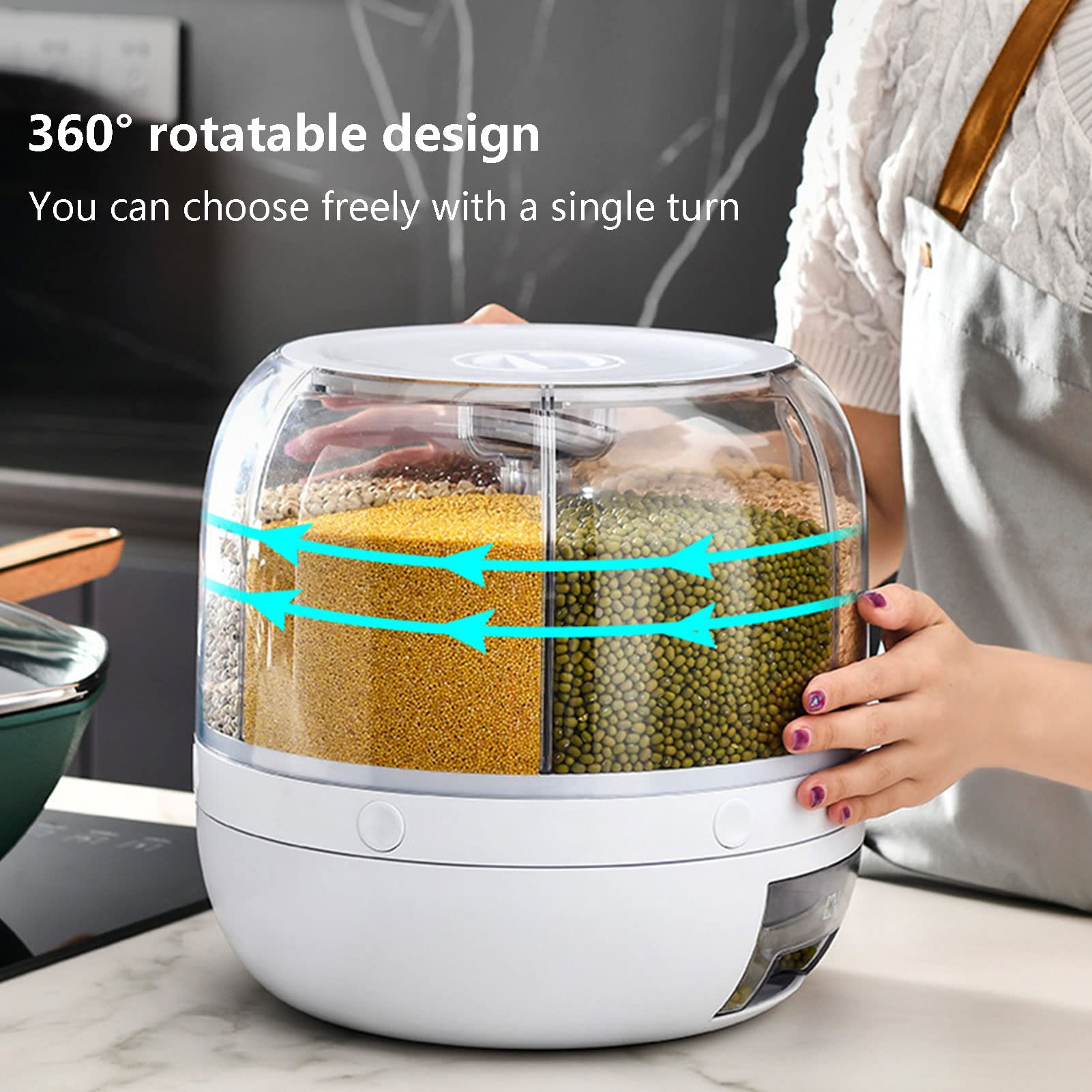 Dispenser Rotante Per Cereali Da Banco 6 Contenitori - Distributore Di Cibo Secco 9kg Per Riso, Pasta E Zucchero, Bianco - 4