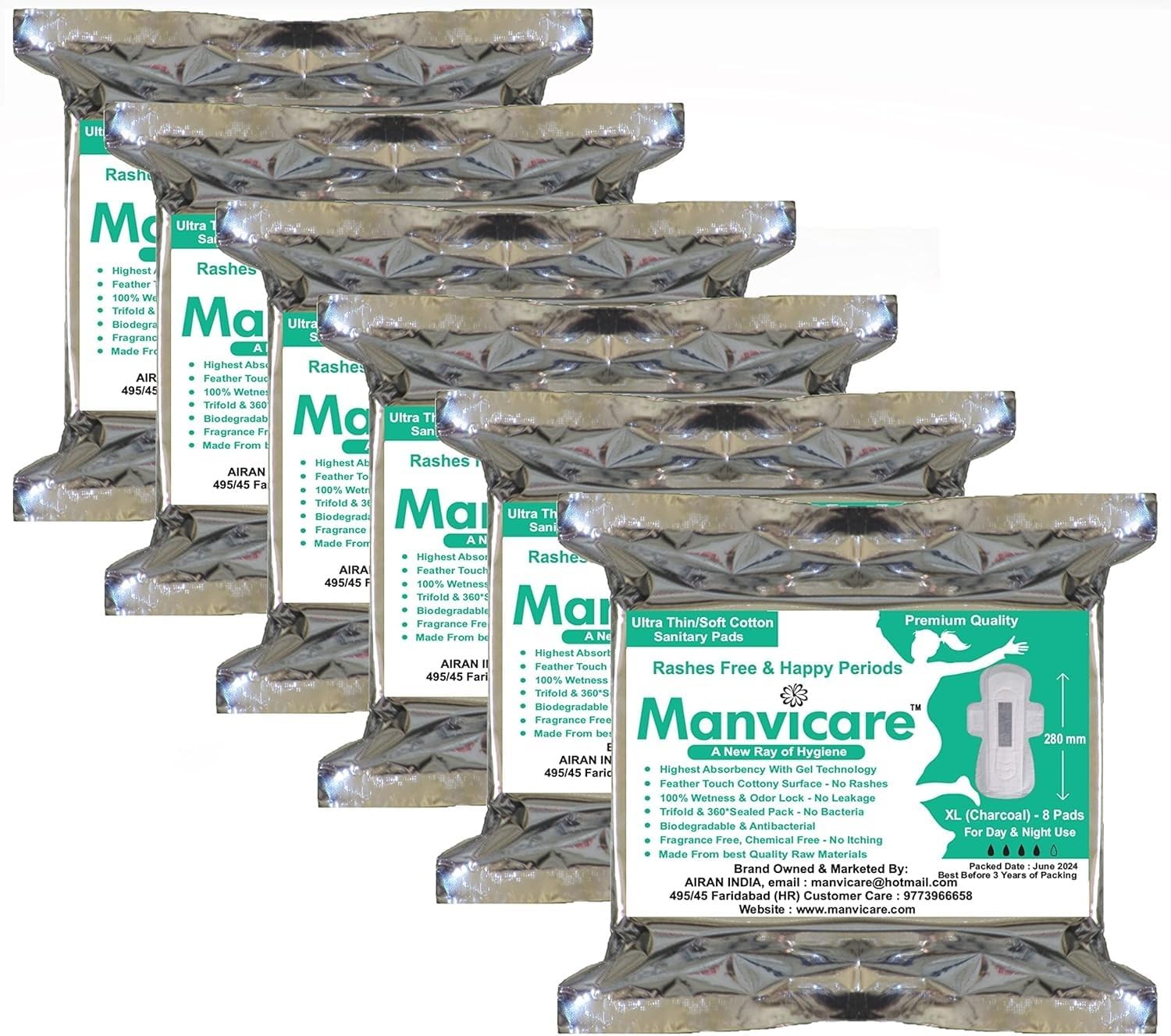 Manvicare Charcoal Anion Sanitary Pads for Women - 48 Sanitary Napkins - XL(290mm)