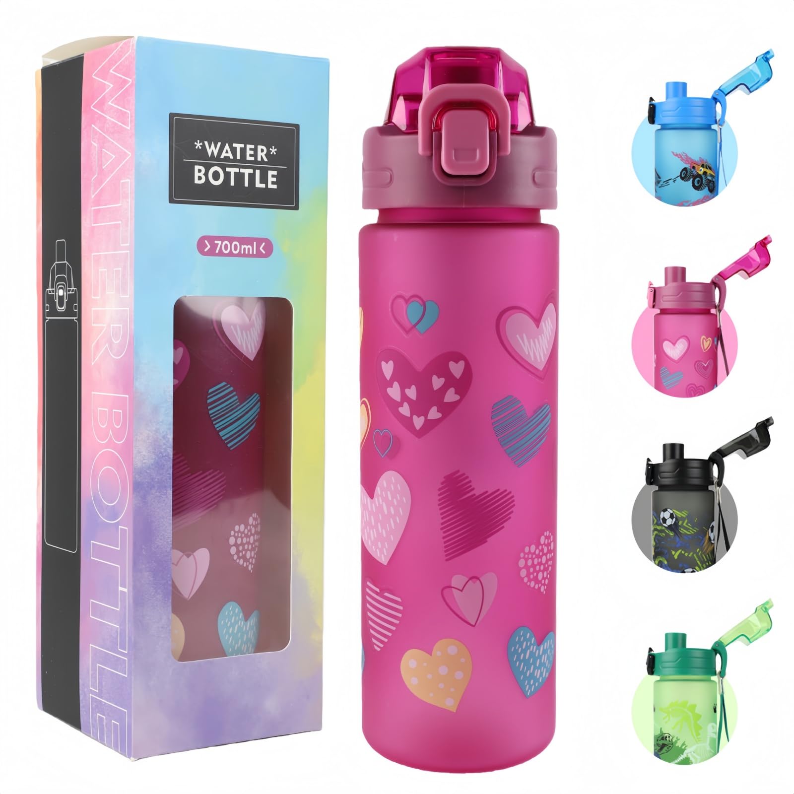 MHwan Trinkflasche Kinder, 700ml, Auslaufsicher, BPA-Frei, One-Touch-Öffnung, Leicht zu Reinigen, Wasserflasche mit Großem Fassungsvermögen, Geeignet für Schule und Outdoor Sport (Herz)