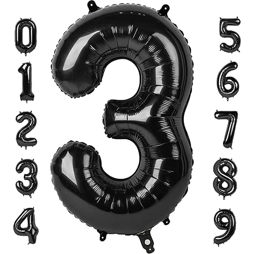 Number 3 Balloon 40 Inch Large Digital Black Balloon for Three Year Old Birthday Decor, 3 13 30 31 Birthday Party, Wednesday Addams Party Decorations