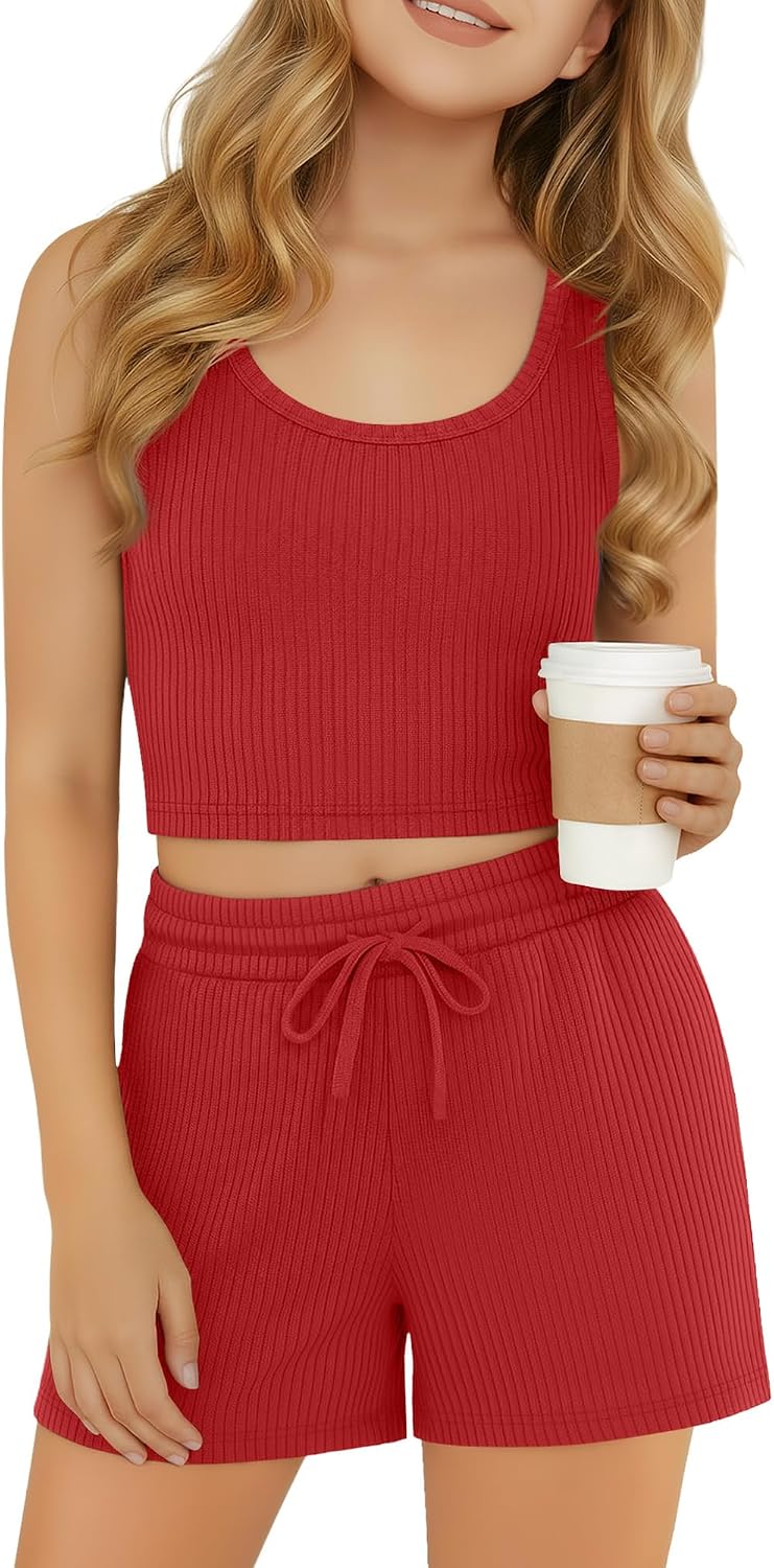 Girls 2 Piece Outfit Sleeveless Crop Tank Tops Ribbed High Waisted Shorts Casual Summer Matching Set 2 Piece