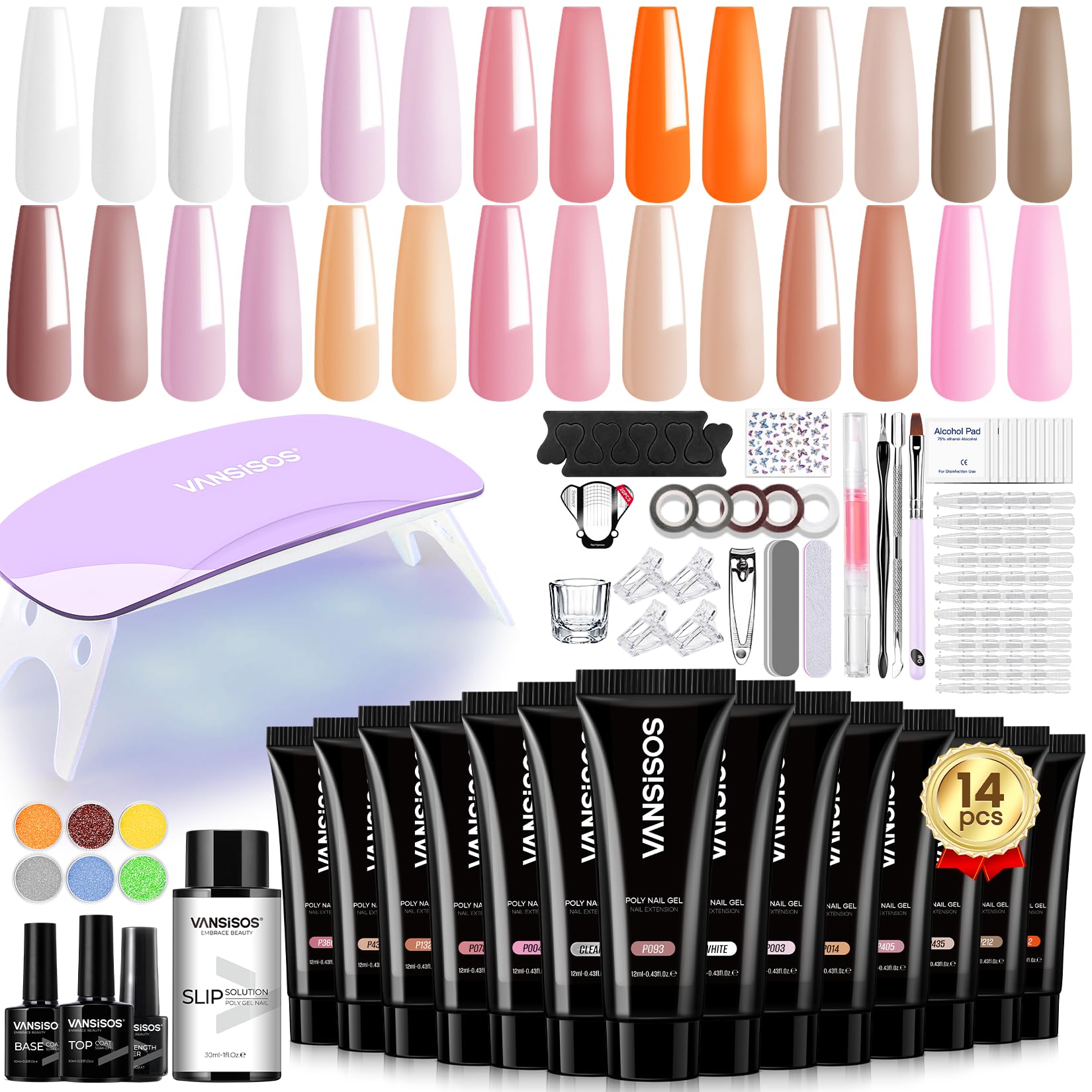 Poly Gel Nail Kit: 14 PCS PolyGel with Slip Solution Mini U V Nail Light Poly Nail Gel Kit for Beginners with Everything Extension