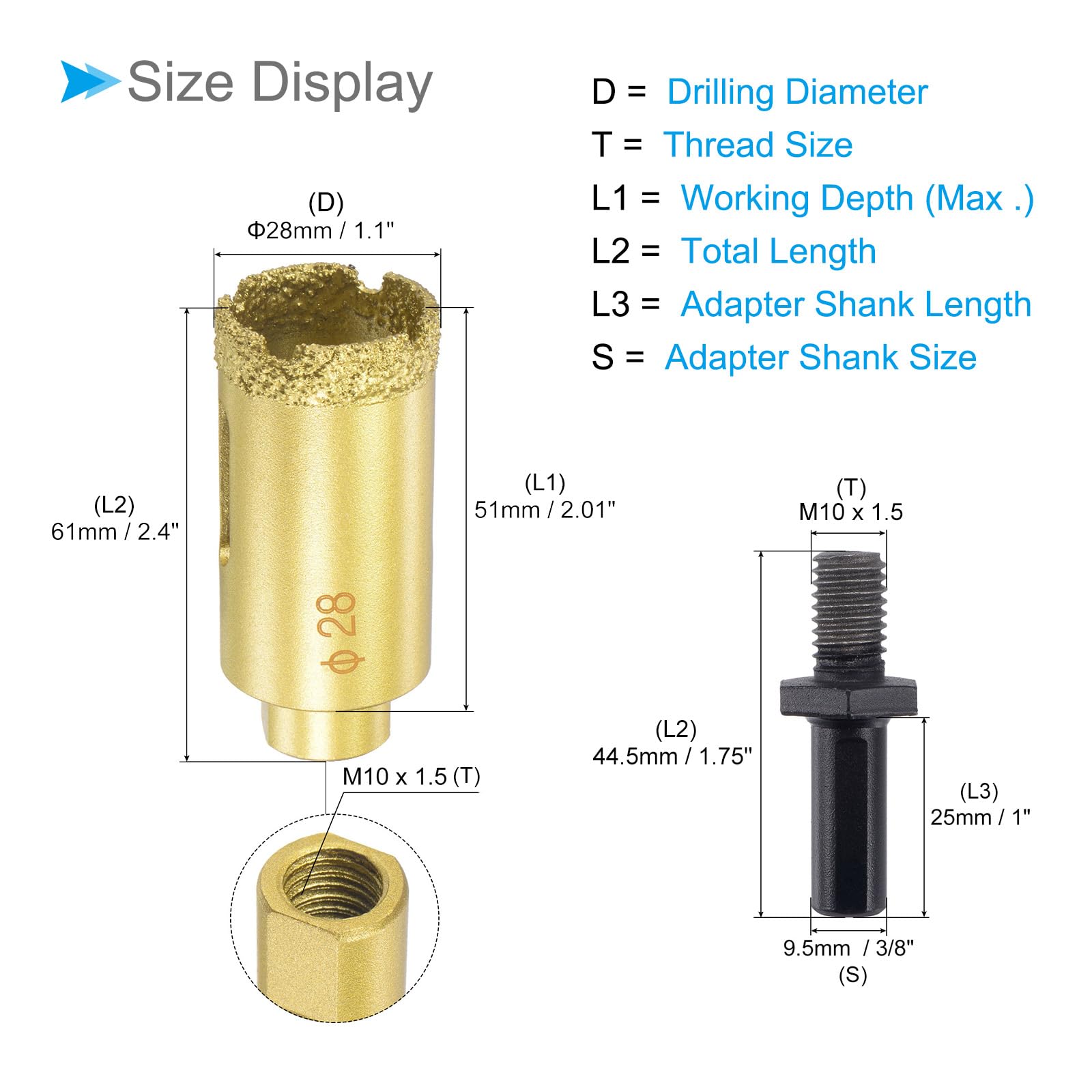 CoCud Diamond Drill Bits Set, 28mm Cutting Diameter, Brazed Diamond Core Drill Bits with M10 Arbor Adapter - Image 2