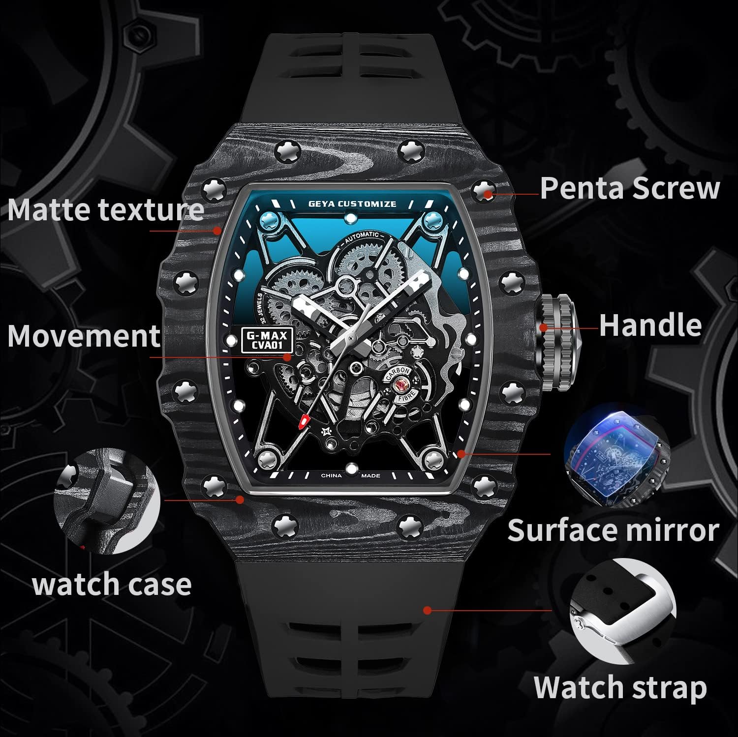 Redhai Luxury Crystal Diamond Dragon Mechanical Watches, 50M Waterproof Skeleton Dial Rose Gold Case Stainless Steel Watchband Chinese Loong Watches for Men - Image 6