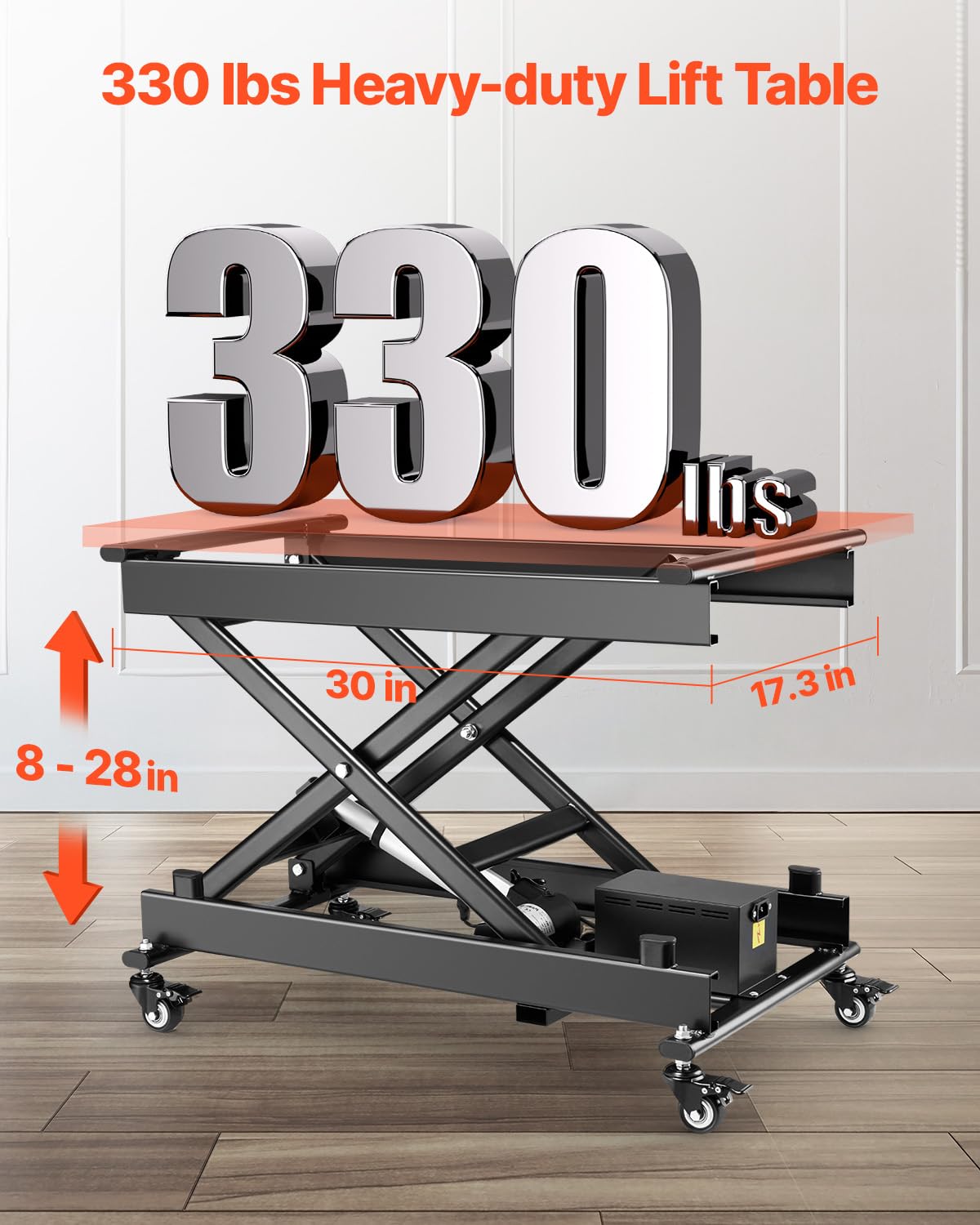 VEVOR Elektrischer Hubtisch 76x44 cm, 150 kg Tragkraft, Scherenhubtisch, 200 bis 710 mm höhenverstellbare Hebebühne, Couchtischlift mit 4 Rädern, für Materialhandhabung und Transport, Schwarz