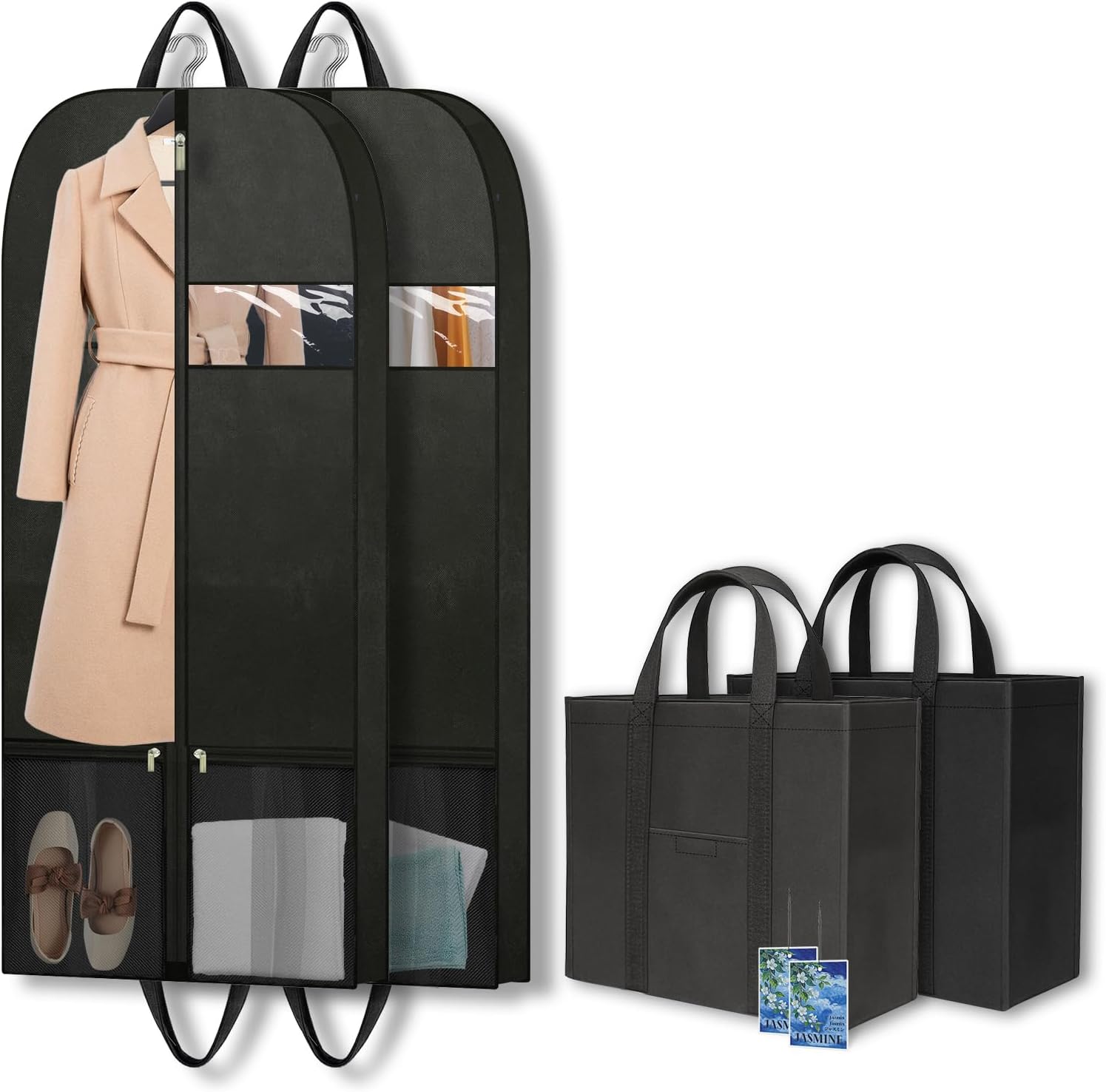 CYD Dress Storage Bags with Shoe Pockets and Scent Card, 54" Garment Bags for Hanging Clothes, Breathable Covers for Women’s Dresses, Coats and Occasionwear, Durable and Dustproof, Black, 2 Pack