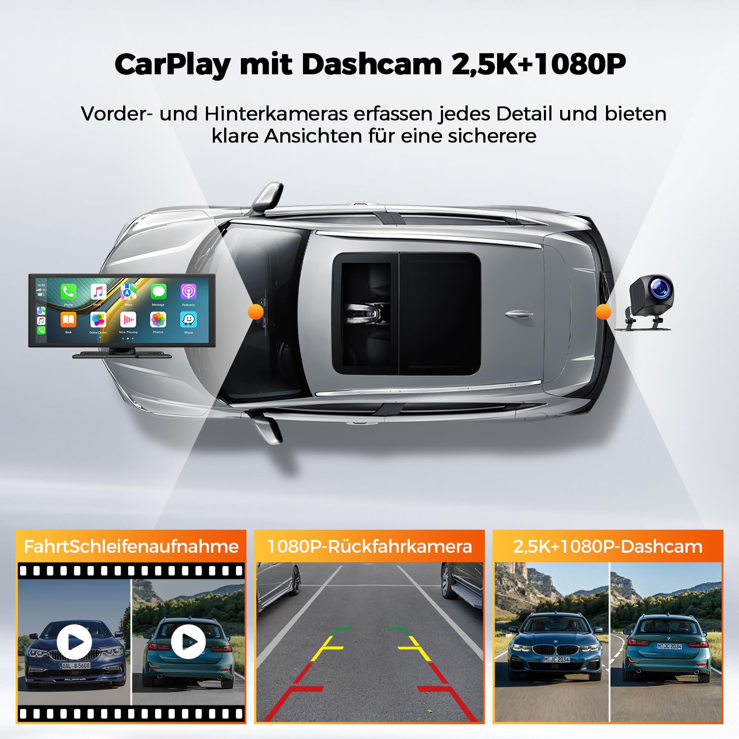 Écran Voiture 10,25 Pouces Carplay sans Fil avec Caméra de Conduite 2,5K + 1080P Compatible AppIe Carplay et Android Carplay Portable Autoradio Assistant Navigation 64GB TF Mirrorlink Bluetooth AUX