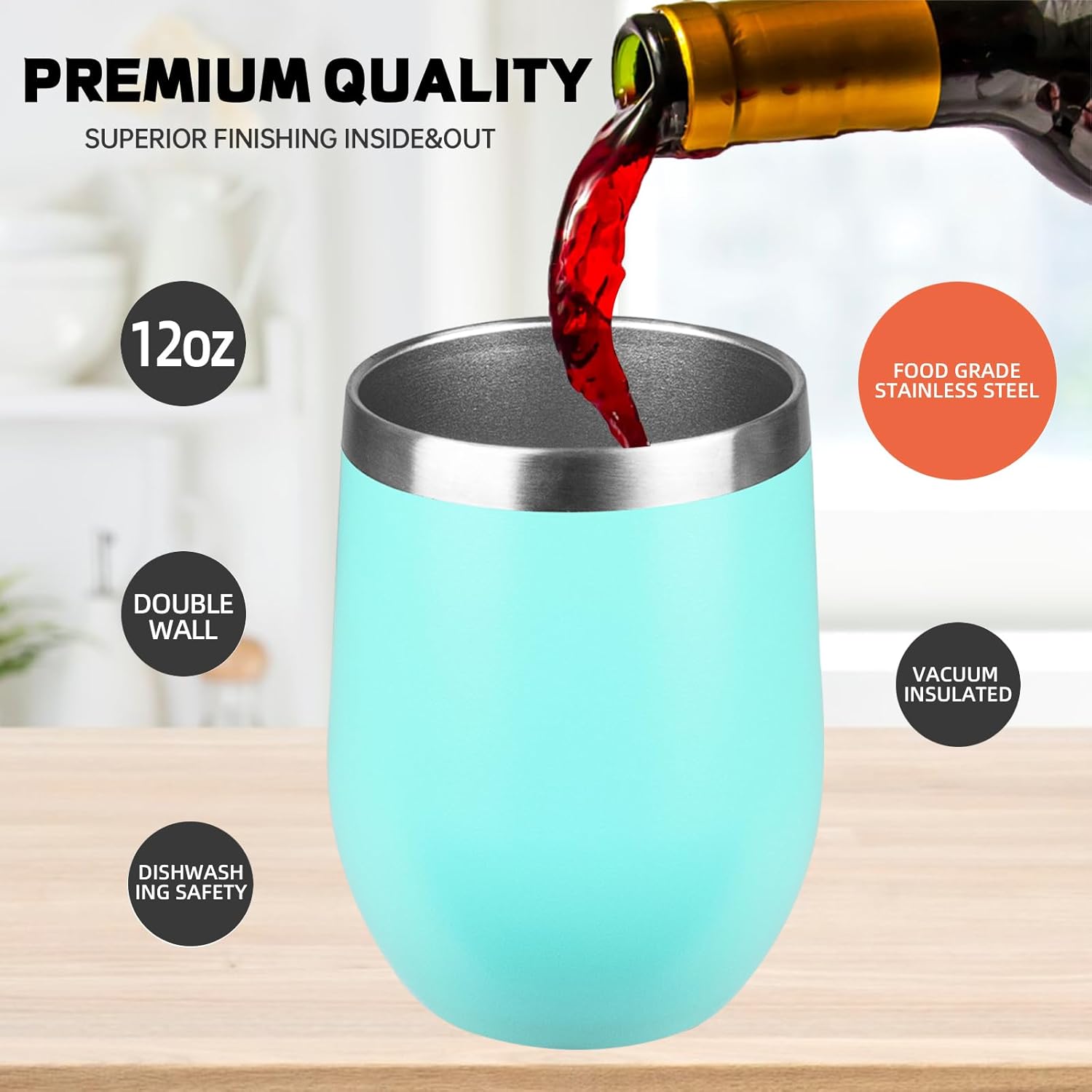 StarSpeed 12oz/6 Pack Wine Tumbler with lid, Stainless Steel Travel Mugs Stemless Double Wall Insulated Coffee Cup, Insulated Wine Glasses Travel Tumbler for Cold & Hot Drinks(Light Green, 6) - Image 3