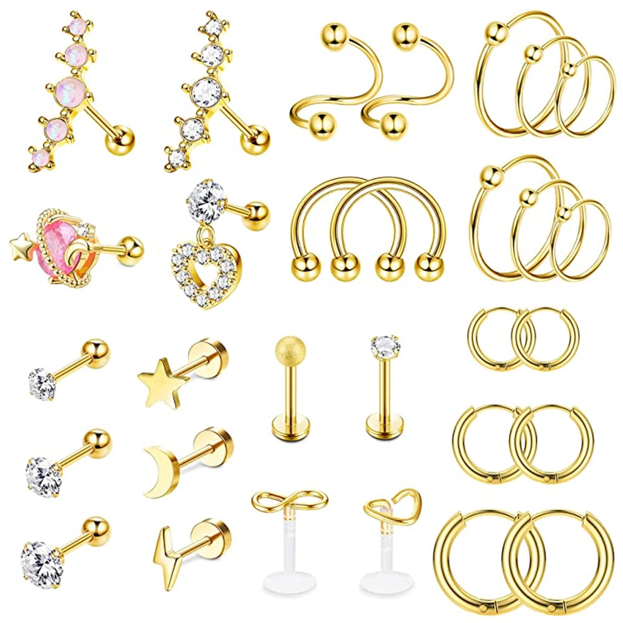 Adramata 16G Pendientes de Cartílago, Piercing Oreja para Mujeres, Acero Inoxidable CZ Tragus Piercing Helix Piercing Conjunto de Joyas, 30 Piezas