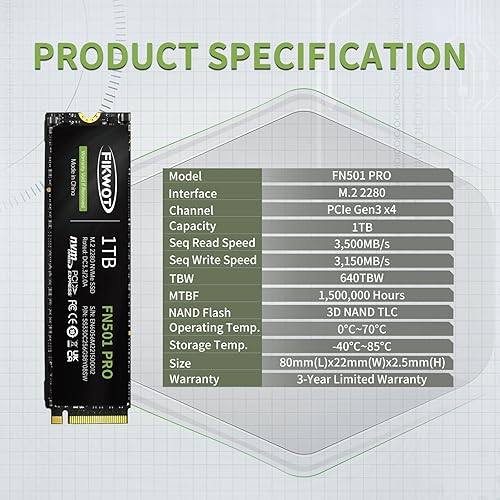 Miniatura 5 de Fikwot FN501 Pro NVMe SSD - Unidad interna de estado sólido M.2 2280 PCIe Gen3 x4, hasta 3,500 MBs, caché SLC 3D NAND TLC, compatible con laptop y