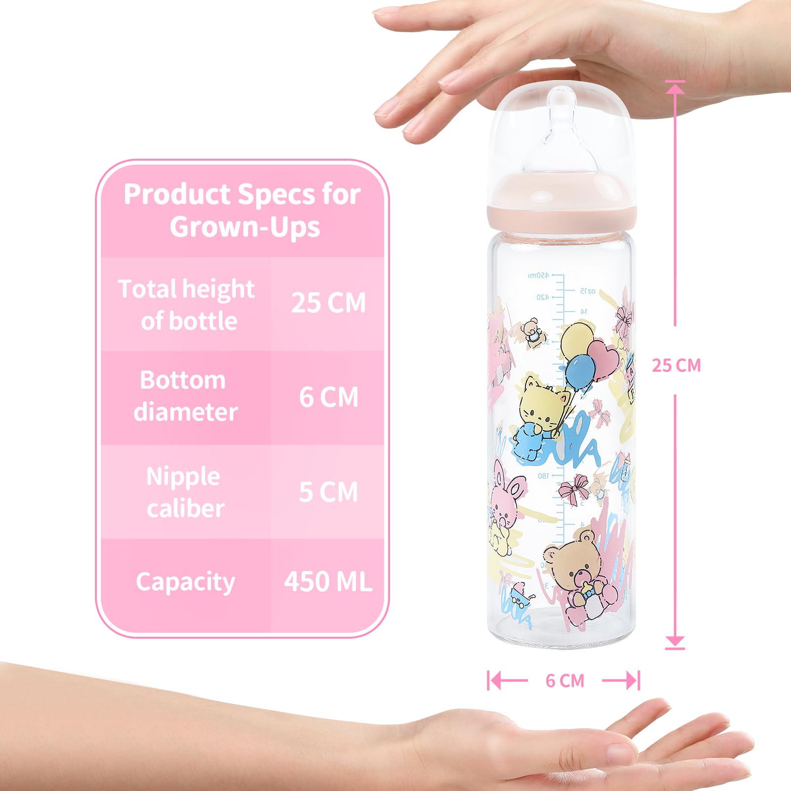 LittleForBig Biberon pour adulte ultra imprimé spécial surdimensionné en verre avec motif mignons