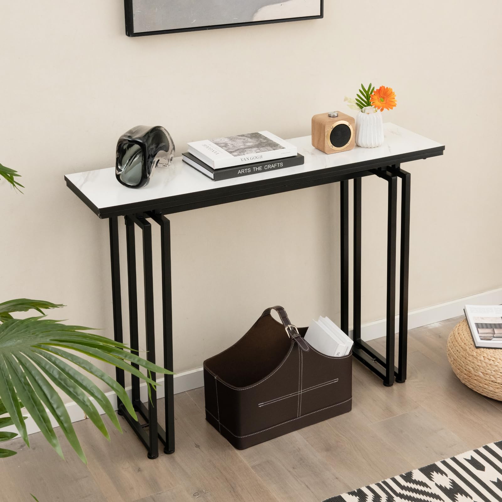 COSTWAY Konsolentisch schmal, Flurtisch Marmor Optik, Beistelltisch mit Metallrahmen, Eingangstisch modern, schmaler Tisch für Wohnzimmer & Eingang, 110 x 30 x 81 cm (Schwarz)