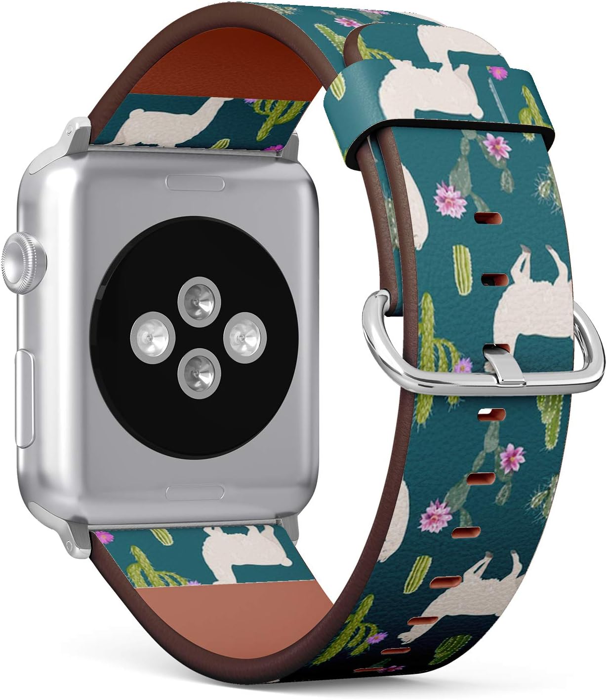 Compatible with Apple Watch Series 7/6/5/4/3/2/1 (Small Version 38/40/41 mm) Leather Wristband Bracelet Replacement Accessory Band + Adapters - Llama Cactus Lamas