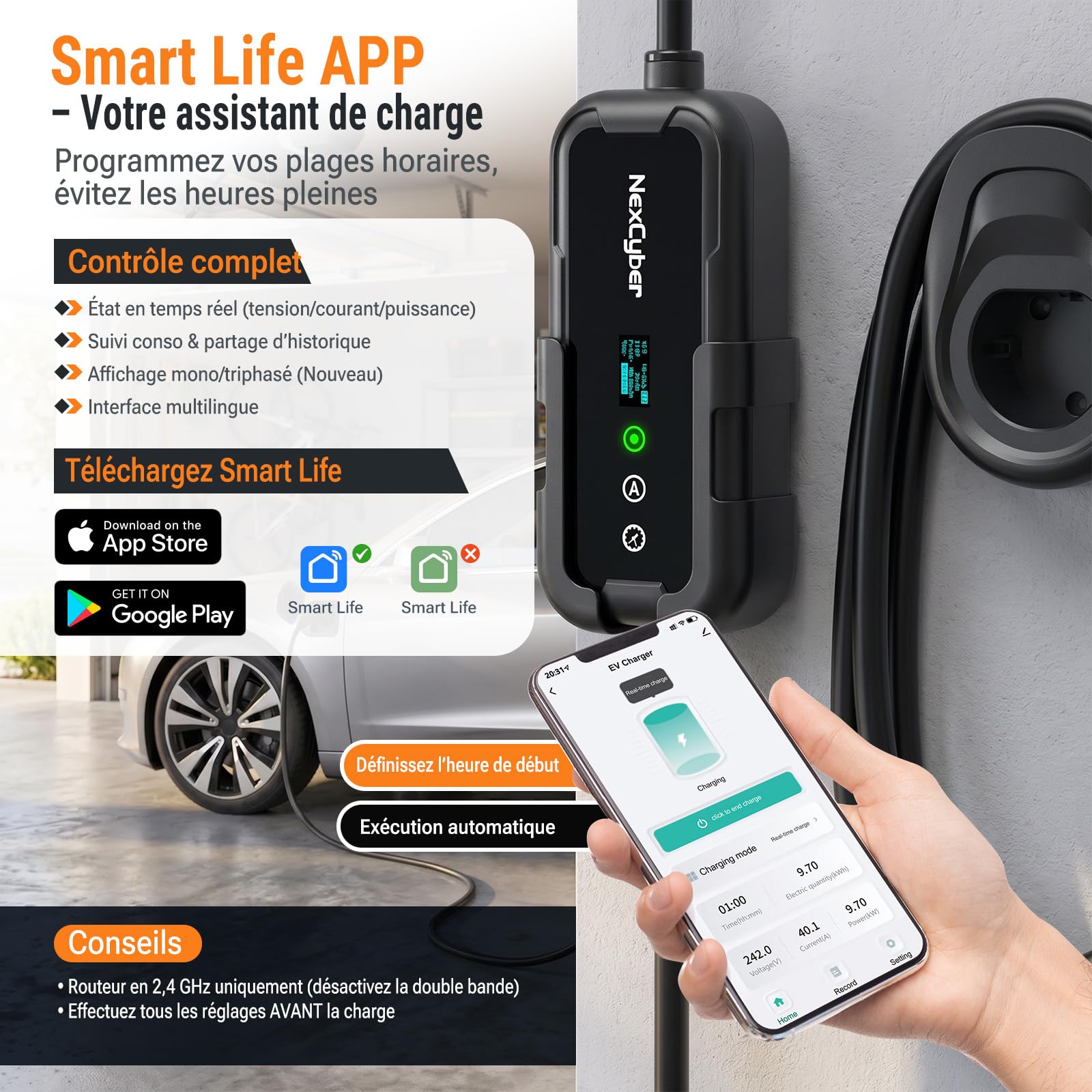 Chargeur Voiture Electrique 3.68kW Mobile avec App & OLED, 5,6M monophasé 230V, 8-16A réglable, Prise CEE 20A 2 pôles IP66+FI, Type 2, Mural & Portable, pour Model 3/Y, ID.3, etc. BEV/PHEV