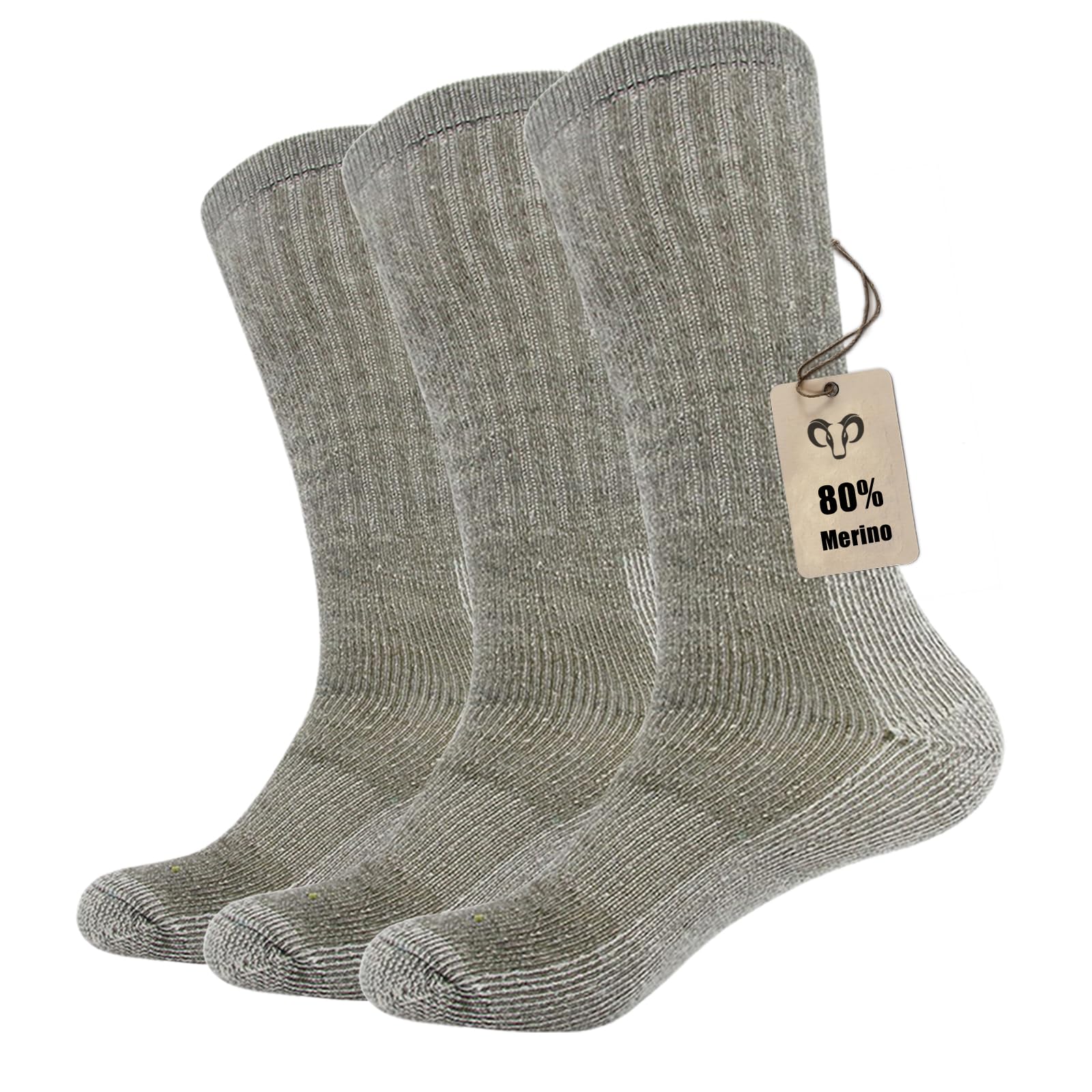 Vihir 3 Pack Men's Thermal 80% Merino Wool Hiking Calf Tube Socks Crew Sock for Skiing, Trekking, Hiking（ARMY GREEN,7.5-10.5